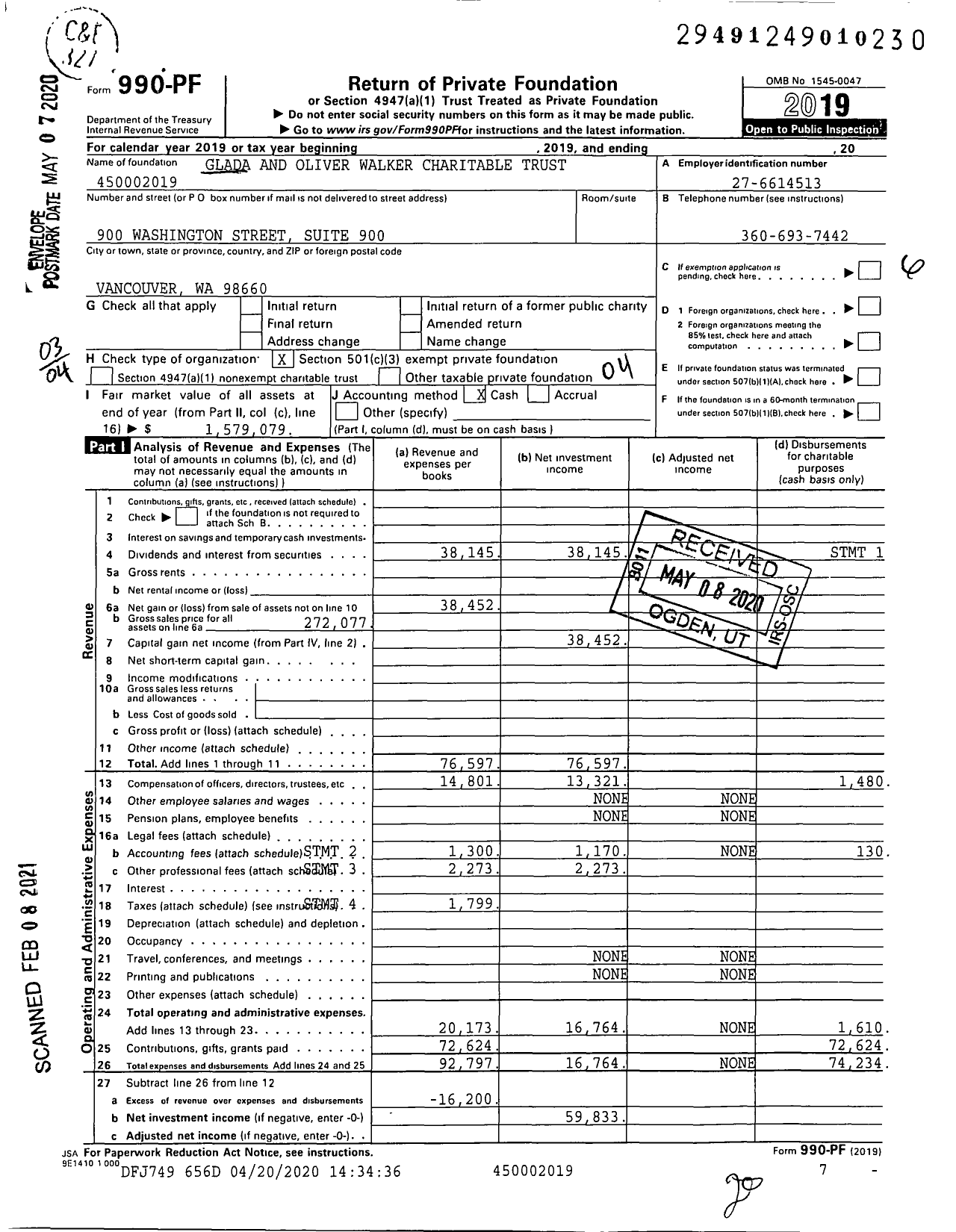 Image of first page of 2019 Form 990PF for Glada and Oliver Walker Charitable Trust