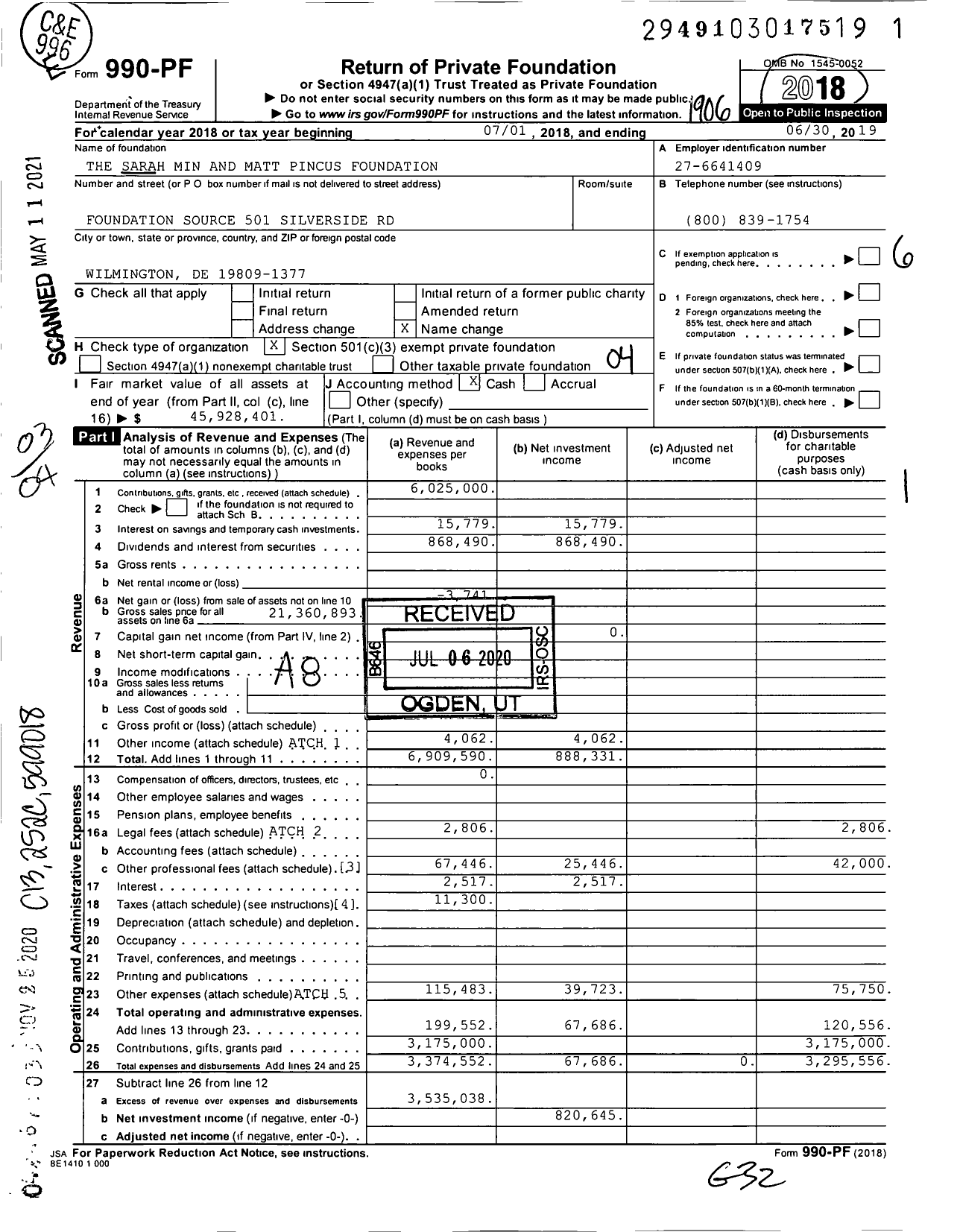 Image of first page of 2018 Form 990PF for The Sarah Min and Matt Pincus Foundation