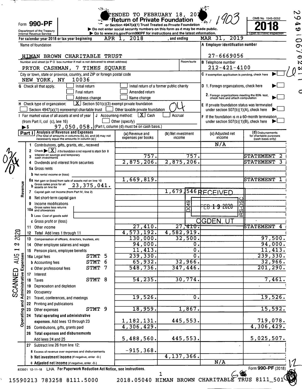 Image of first page of 2018 Form 990PR for Himan Brown Charitable Trust