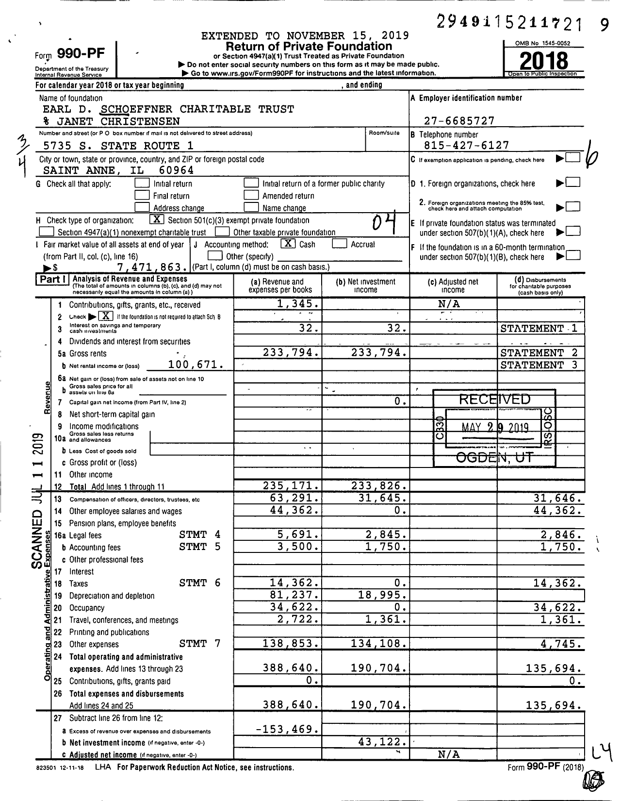Image of first page of 2018 Form 990PF for Earl D Schoeffner Charitable Trust