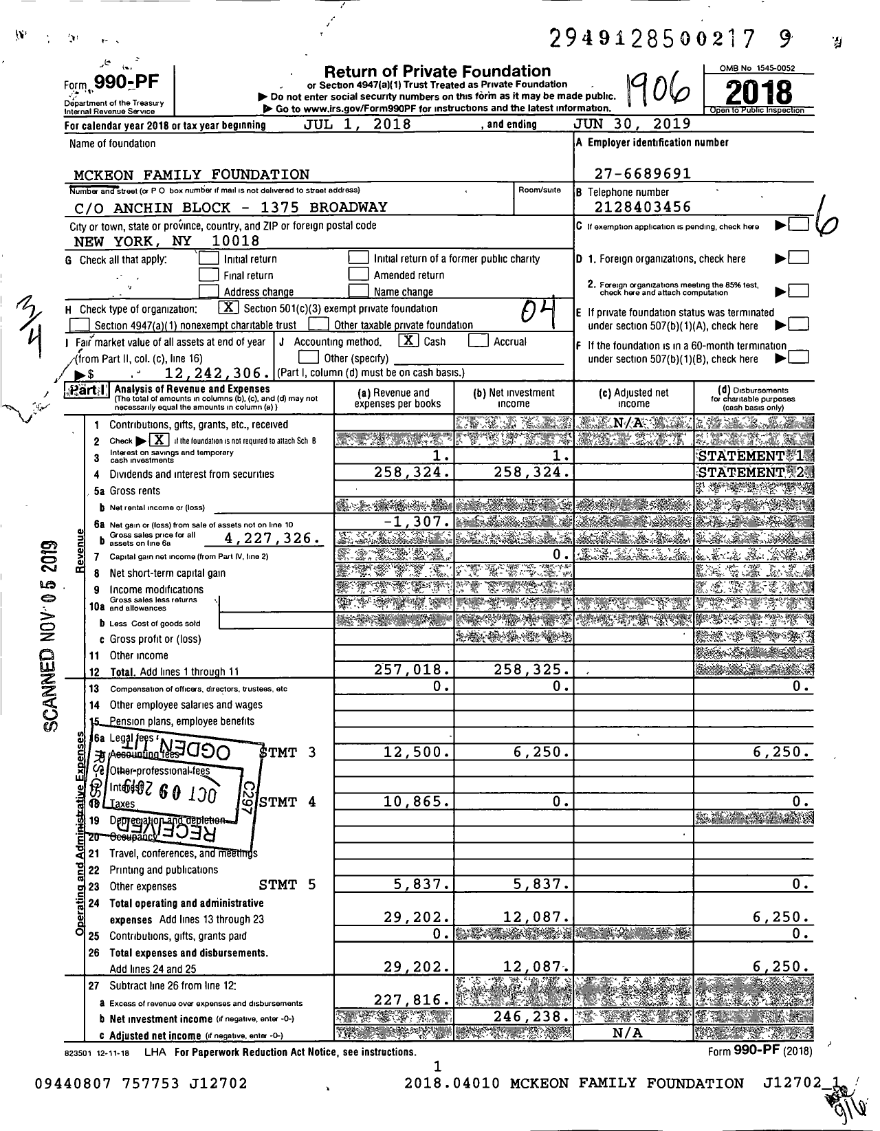 Image of first page of 2018 Form 990PF for Mckeon Family Foundation