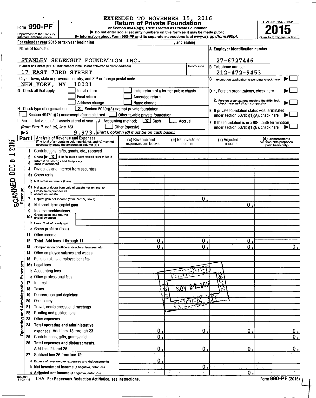 Image of first page of 2015 Form 990PF for Stanley Selengut Foundation