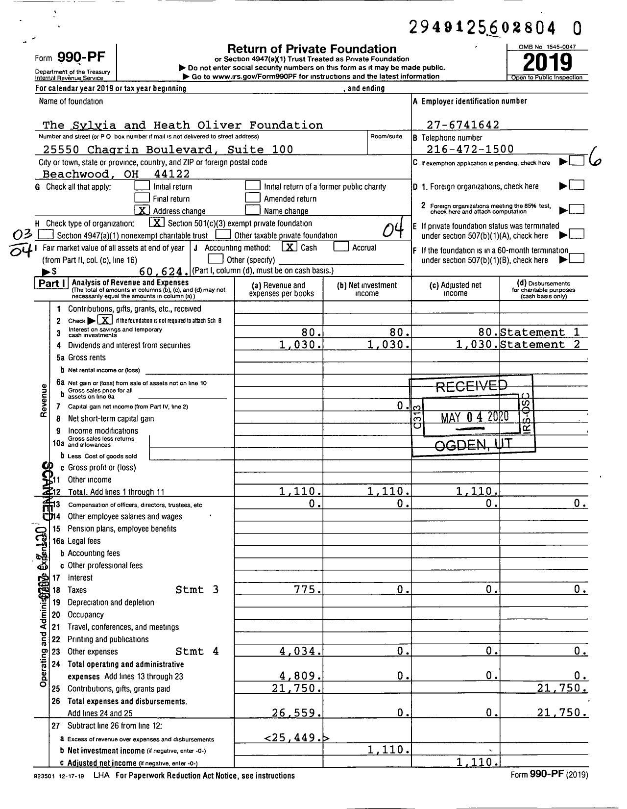 Image of first page of 2019 Form 990PR for The Sylvia and Heath Oliver Foundation