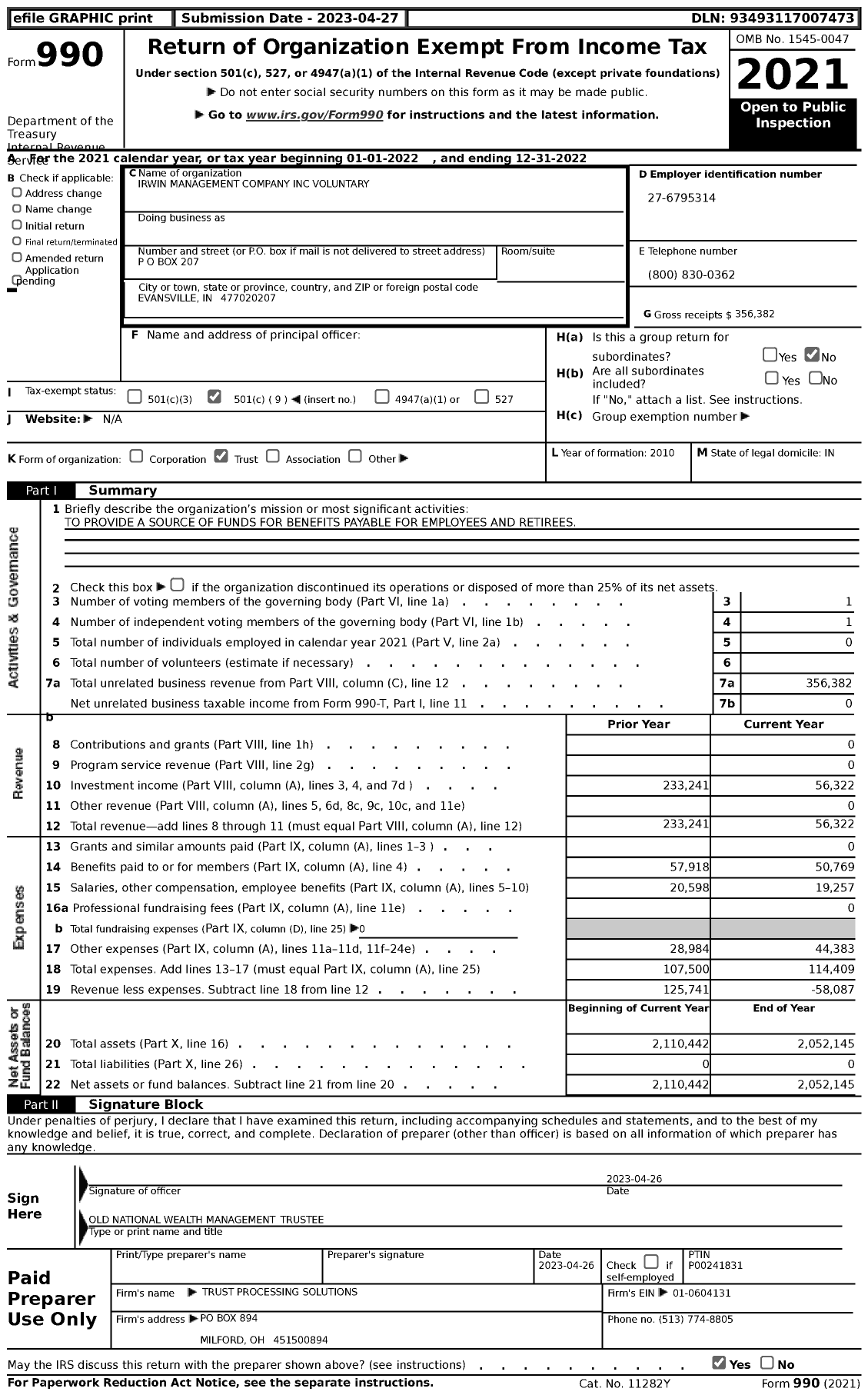 Image of first page of 2022 Form 990 for Irwin Management Company Voluntary