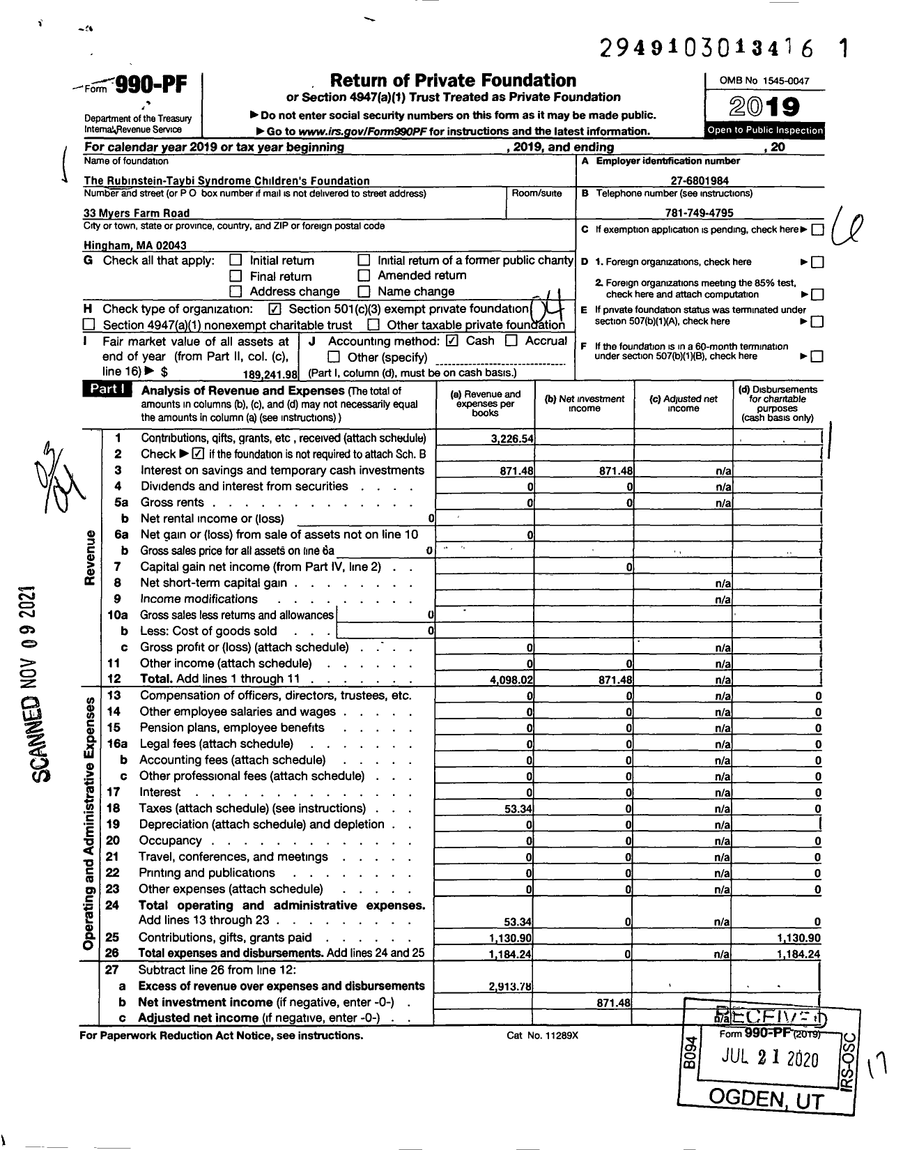 Image of first page of 2019 Form 990PF for Rubinstein-Taybi Syndrome Childrens Foundation
