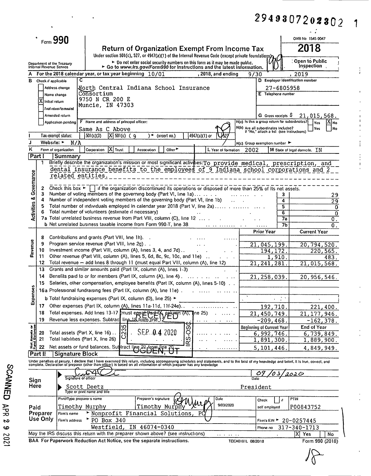 Image of first page of 2018 Form 990O for North Central Indiana School Insurance Consortium Trust