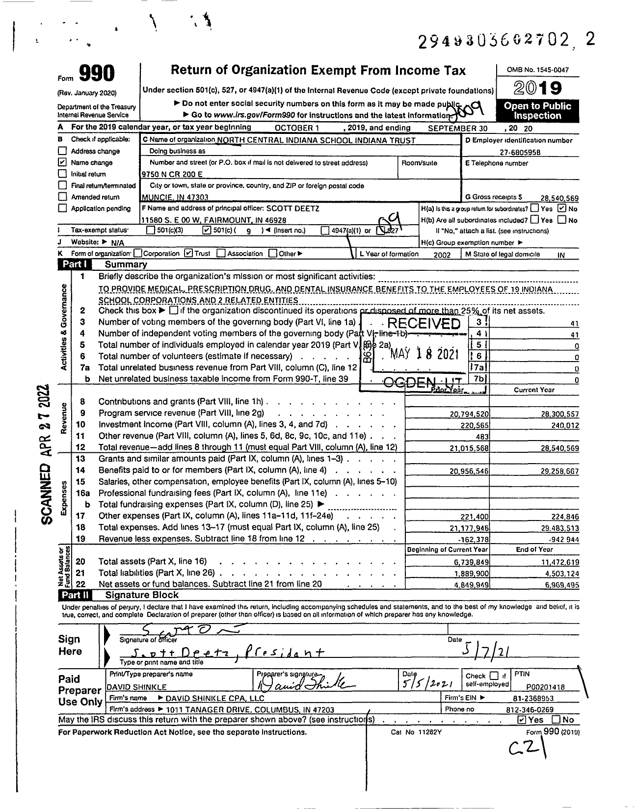 Image of first page of 2019 Form 990O for North Central Indiana School Insurance Trust