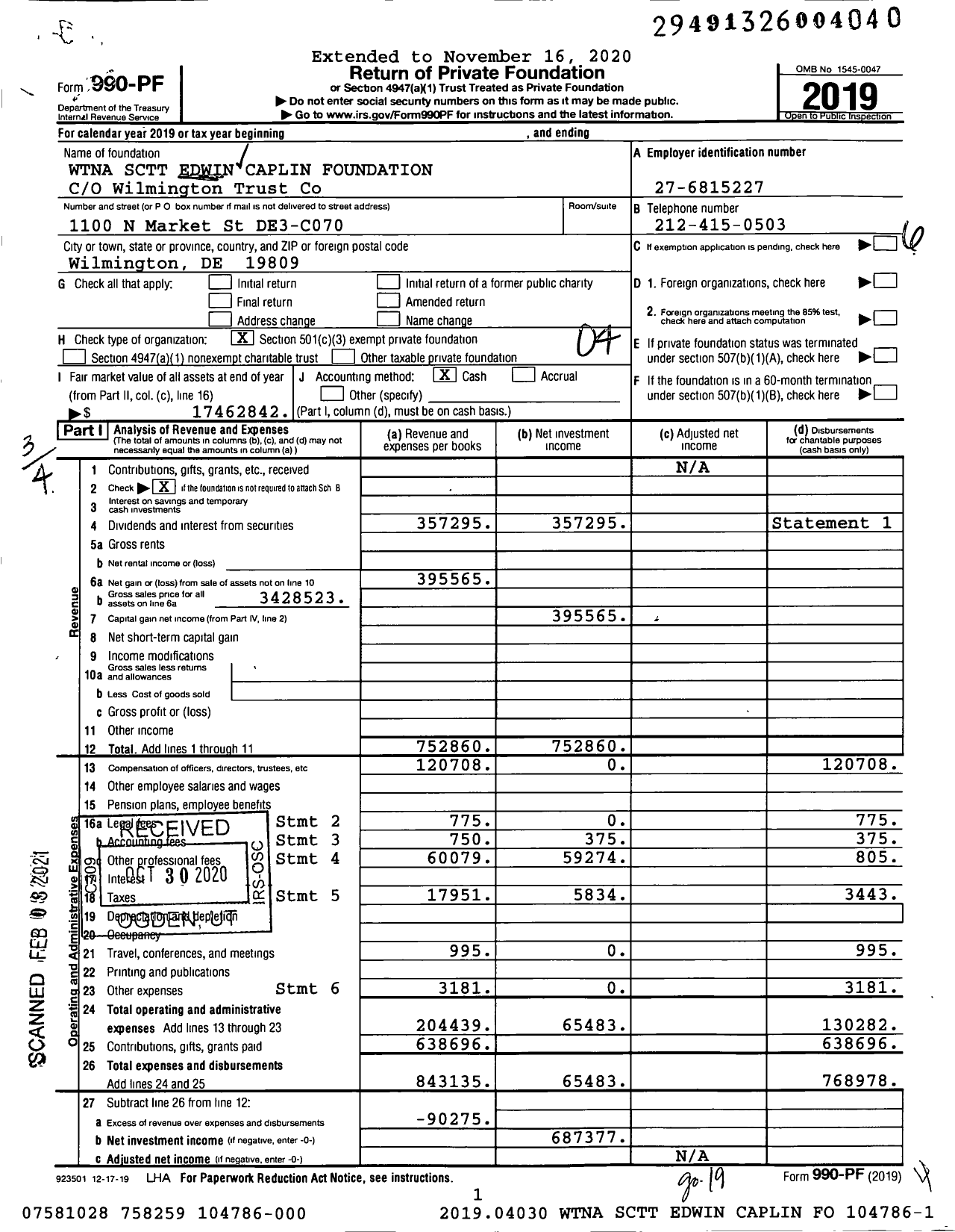 Image of first page of 2019 Form 990PF for Edwin Caplin Foundation 104786-000