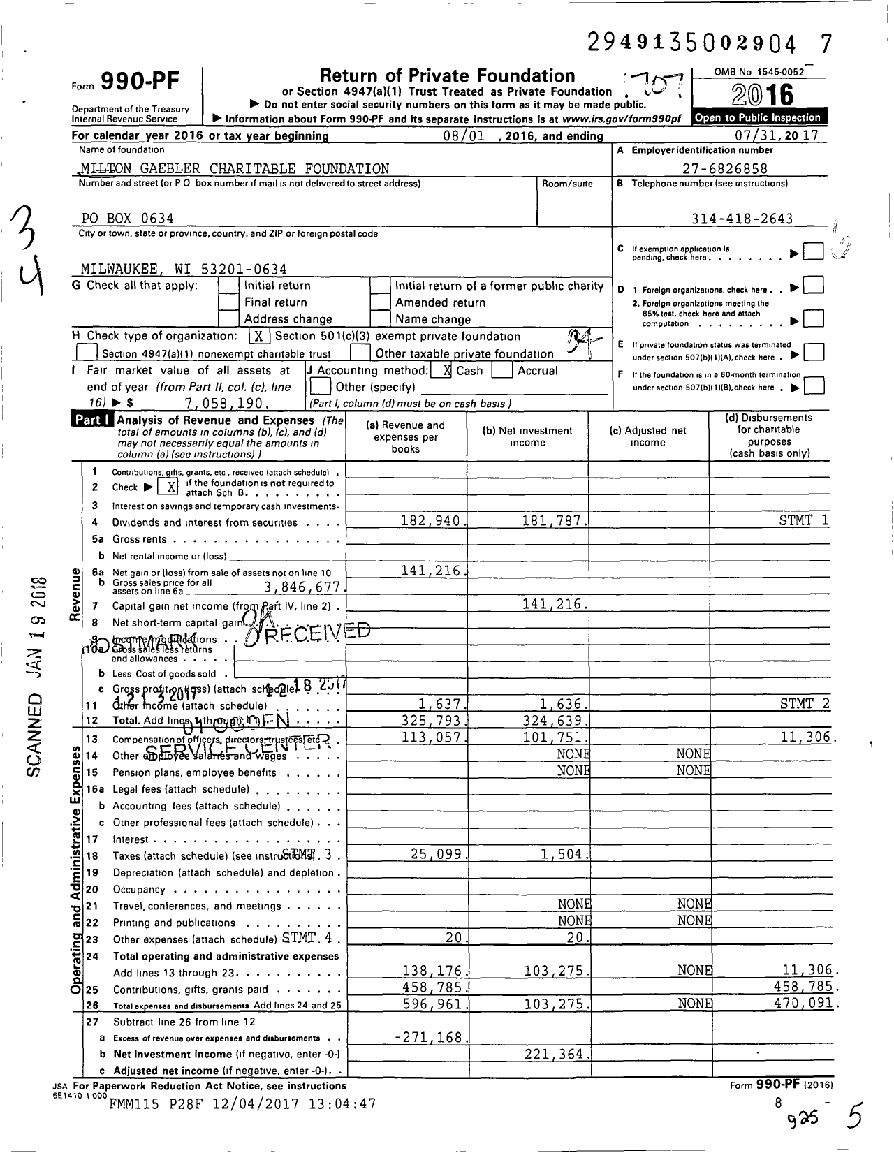 Image of first page of 2016 Form 990PF for Milton Gaebler Charitable Foundation