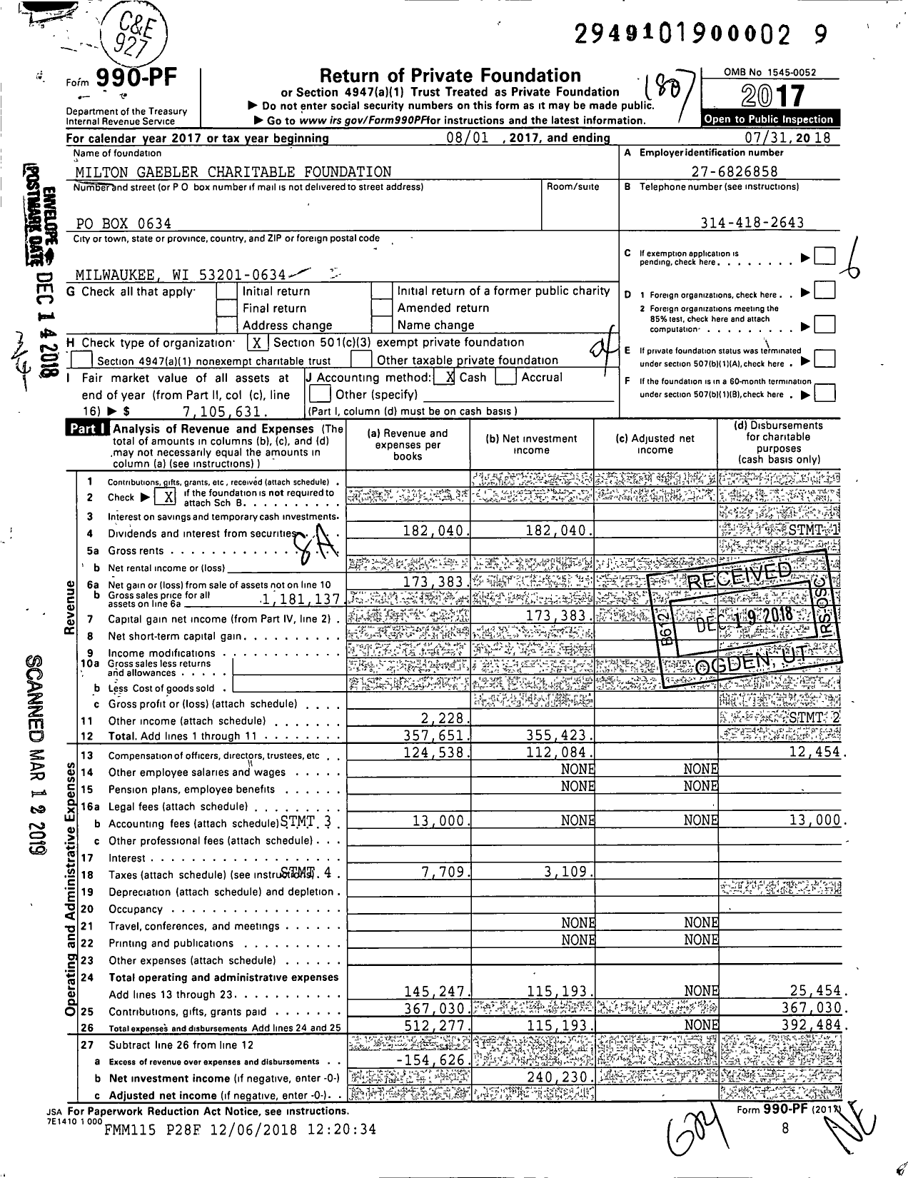 Image of first page of 2017 Form 990PF for Milton Gaebler Charitable Foundation