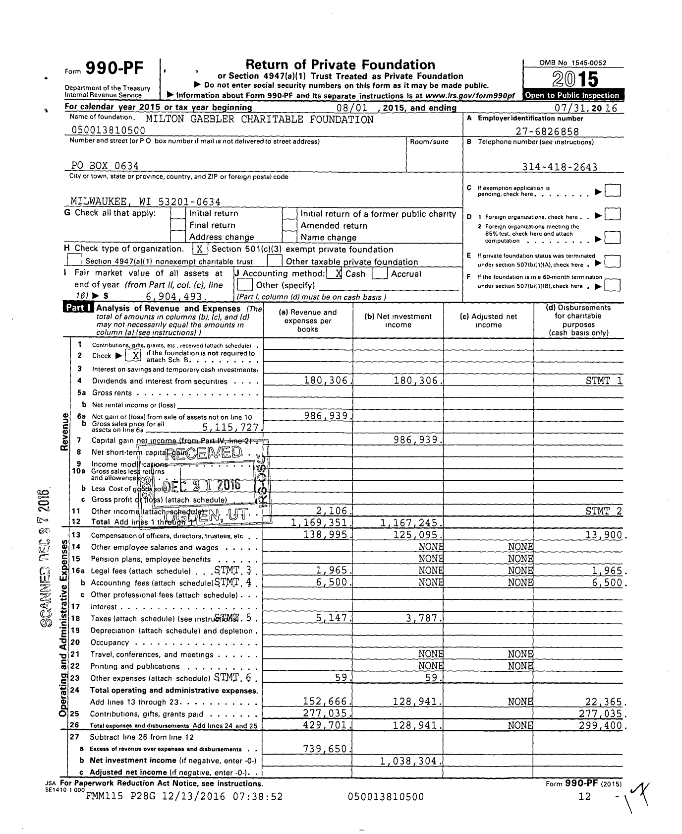 Image of first page of 2015 Form 990PF for Milton Gaebler Charitable Foundation