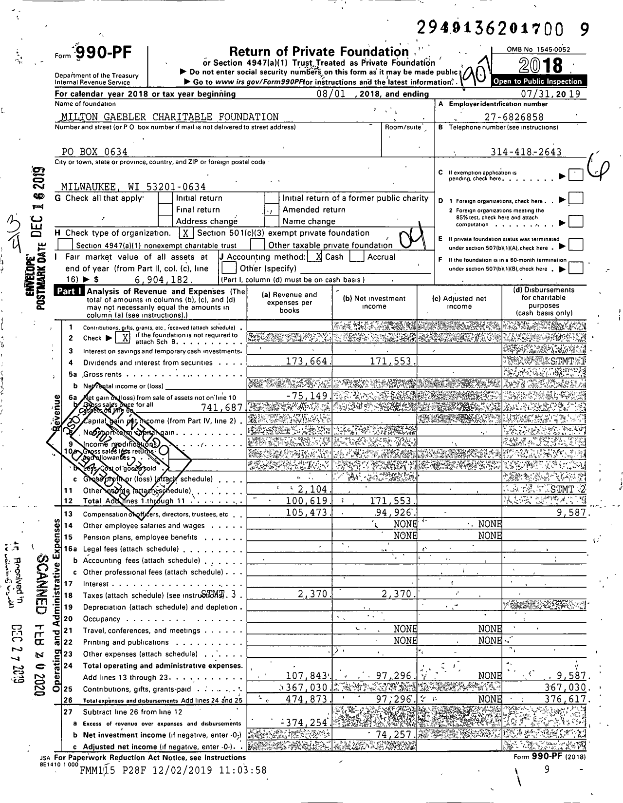 Image of first page of 2018 Form 990PR for Milton Gaebler Charitable Foundation
