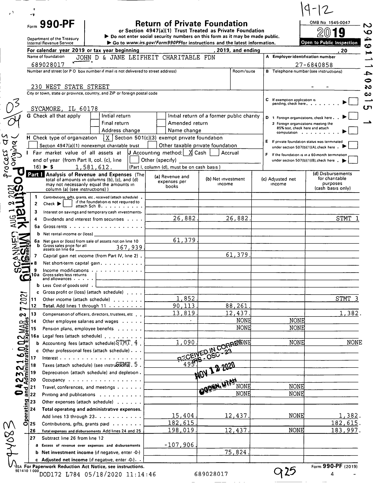 Image of first page of 2019 Form 990PF for John D and Jane Leifheit Charitable Foundation