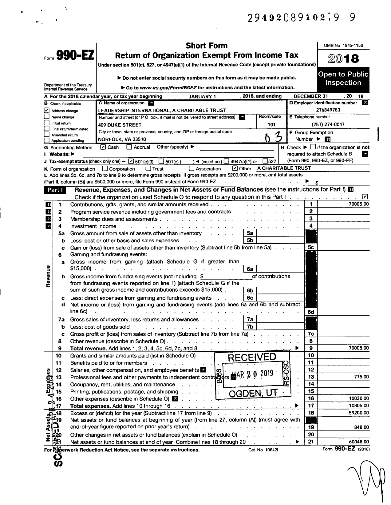 Image of first page of 2018 Form 990EZ for Leadership International A Charitable Trust (LIACT)