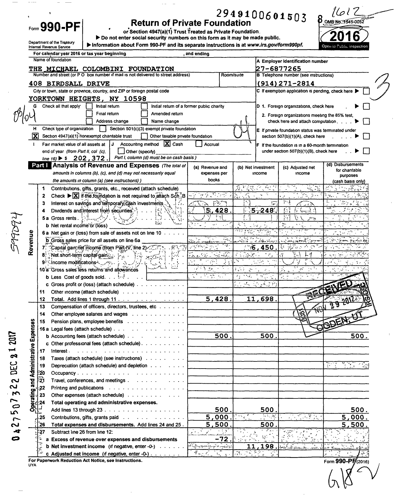 Image of first page of 2016 Form 990PF for Michael Colombini Foundation