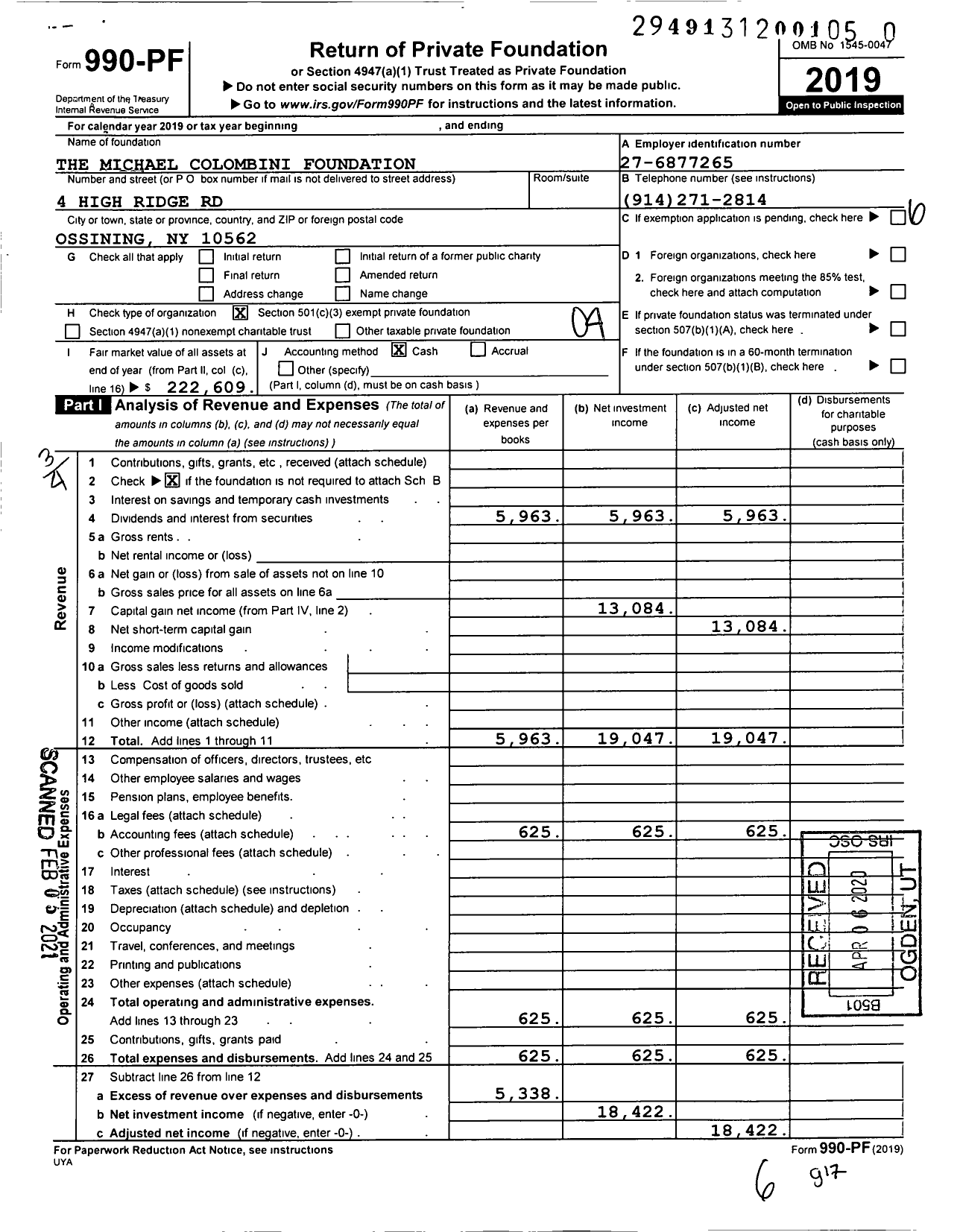 Image of first page of 2019 Form 990PF for Michael Colombini Foundation