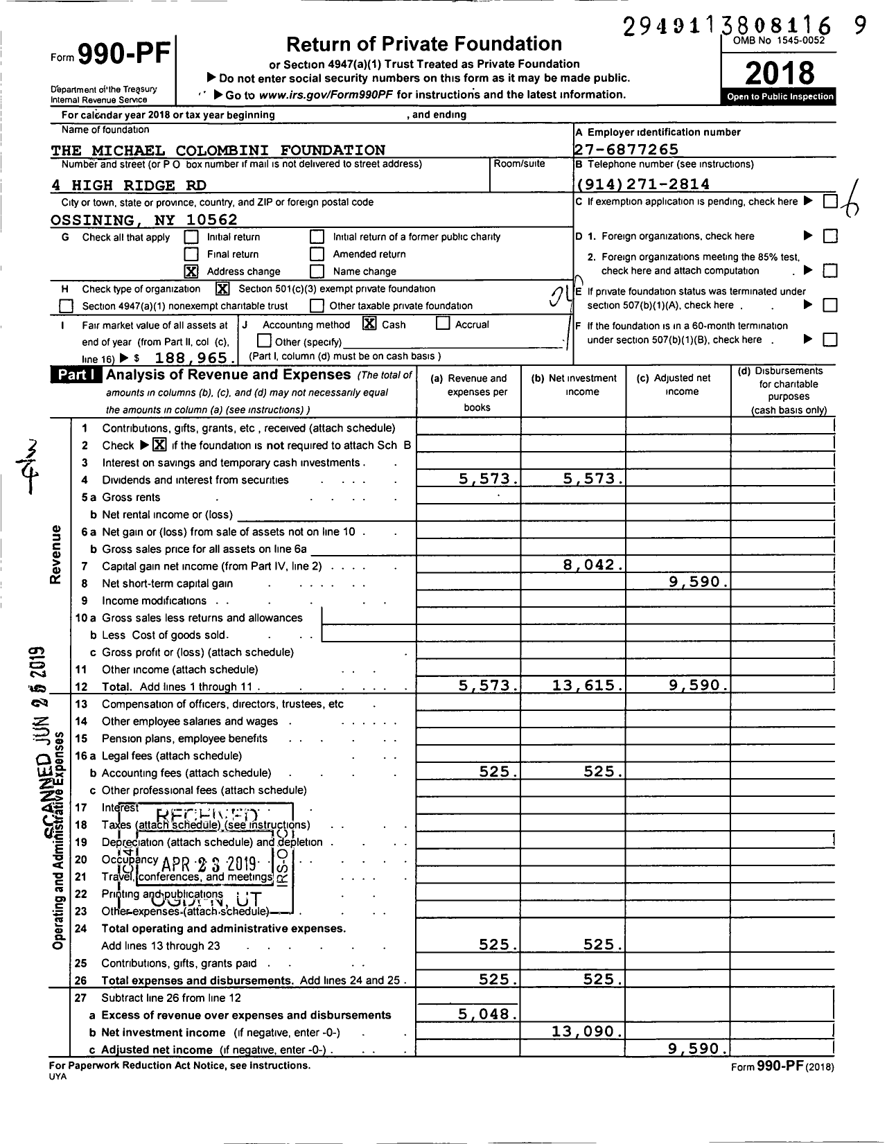 Image of first page of 2018 Form 990PF for Michael Colombini Foundation