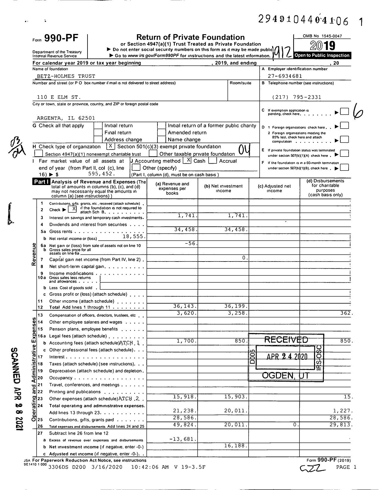 Image of first page of 2019 Form 990PF for Betz-Holmes Trust