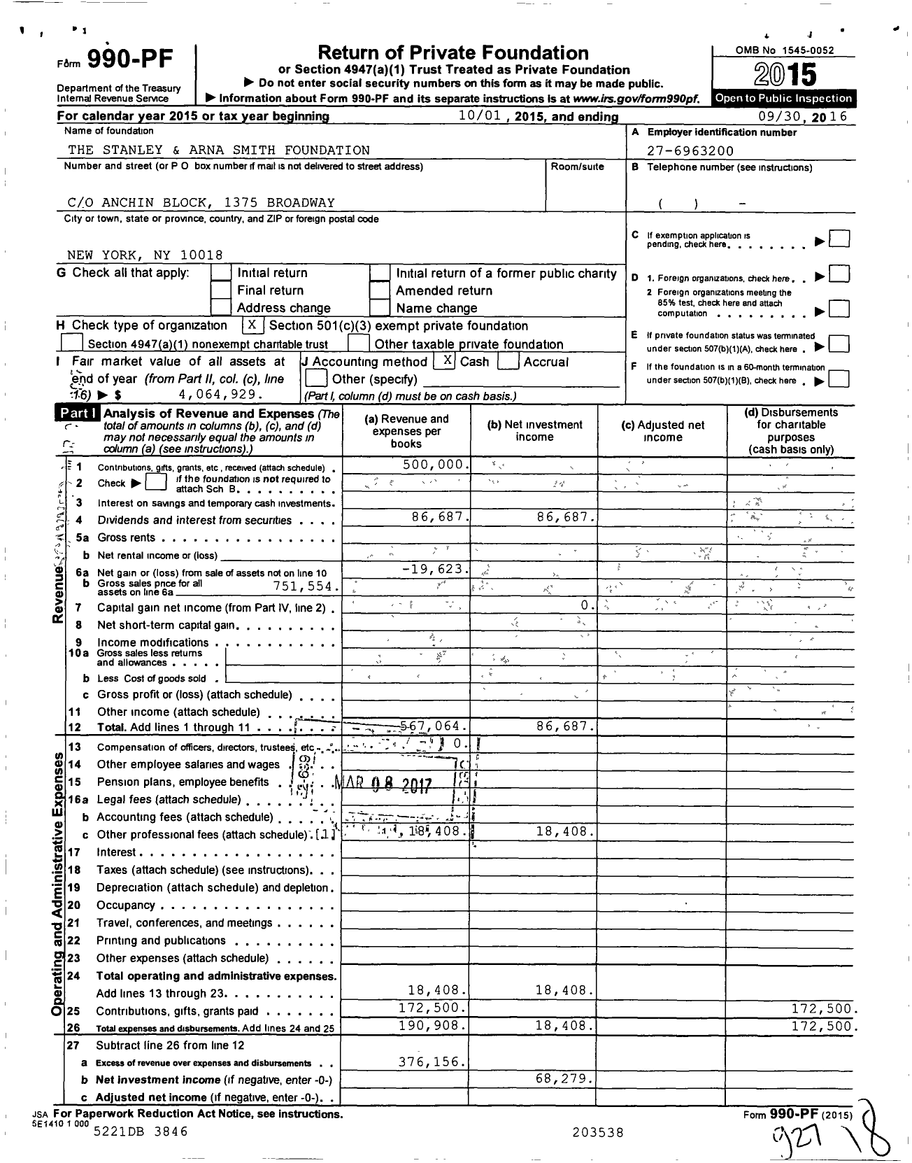 Image of first page of 2015 Form 990PF for The Stanley and Arna Smith Foundation