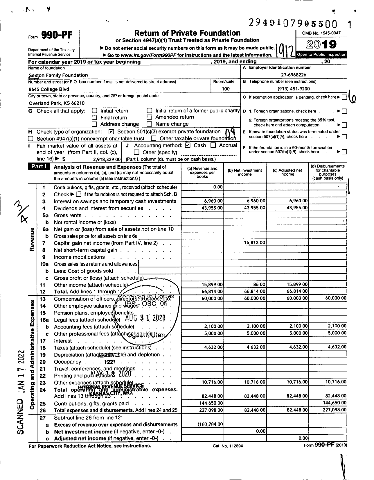 Image of first page of 2019 Form 990PF for Sexton Family Foundation