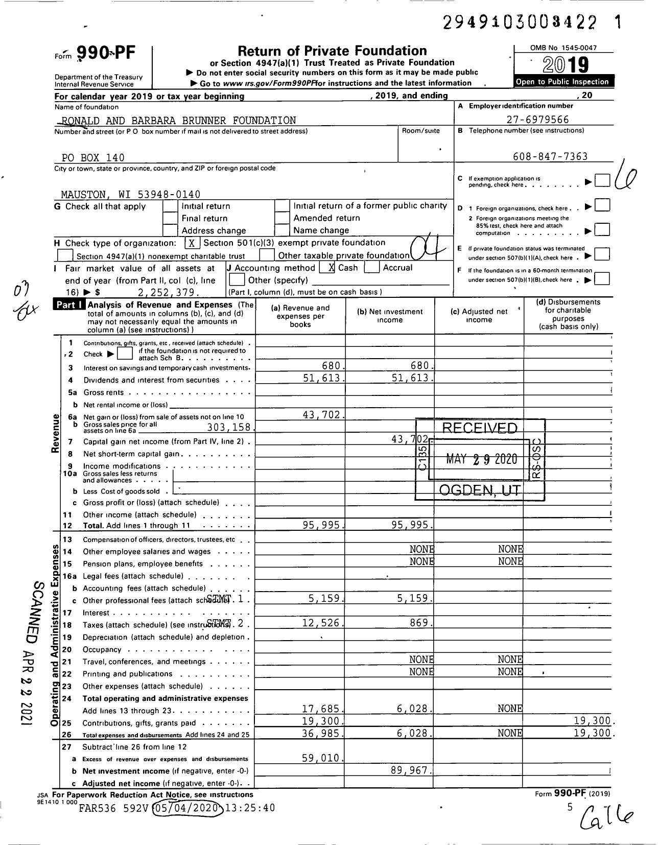 Image of first page of 2019 Form 990PF for Ronald and Barbara Brunner Foundation