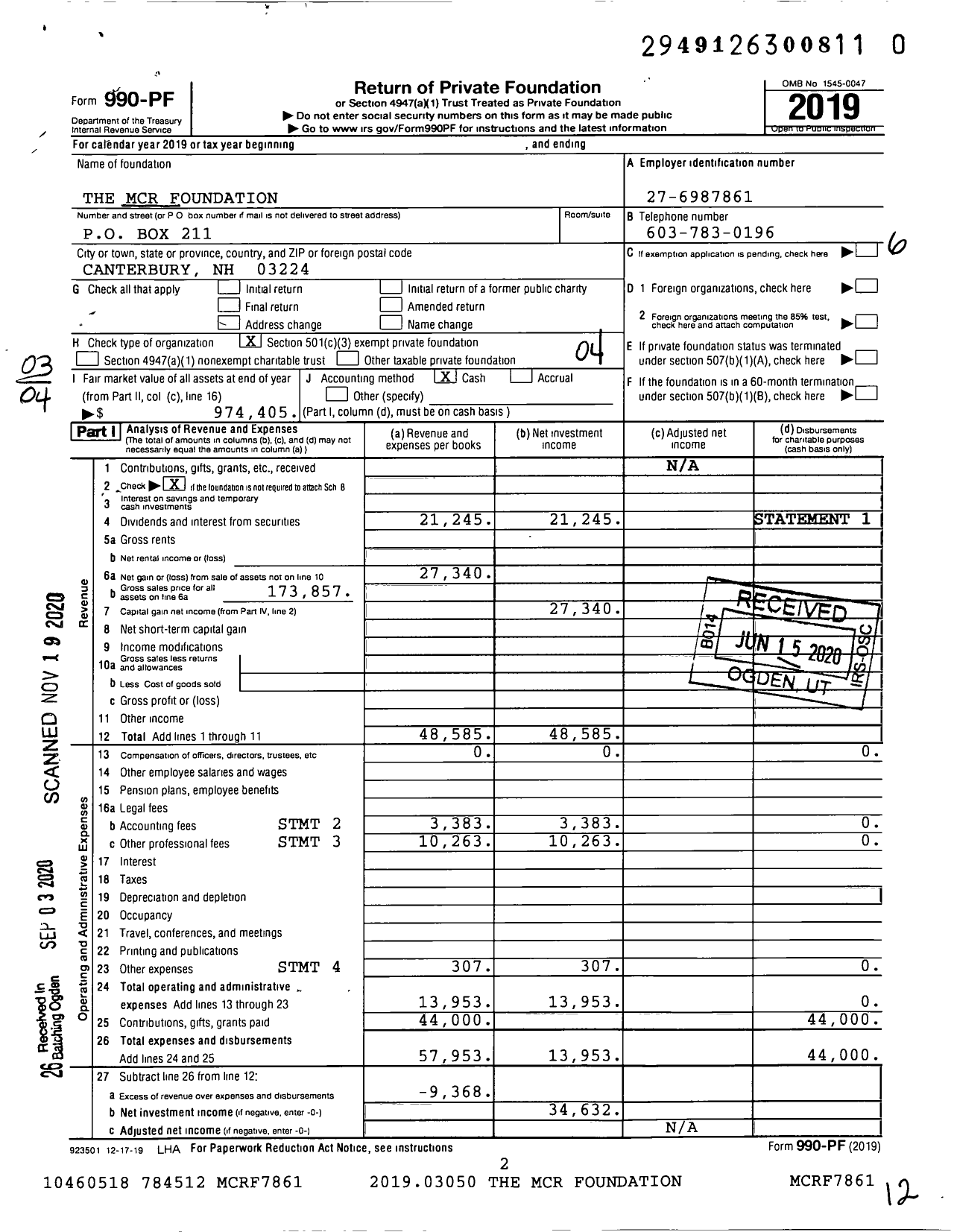 Image of first page of 2019 Form 990PF for The MCR Foundation