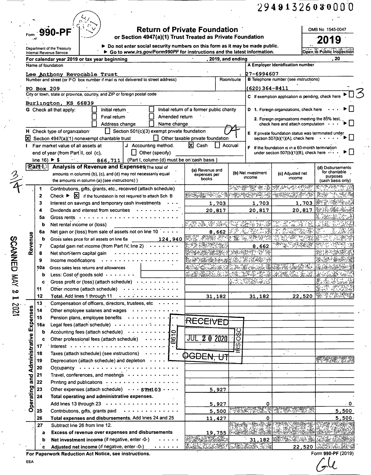 Image of first page of 2019 Form 990PF for Lee Anthony Revocable Trust