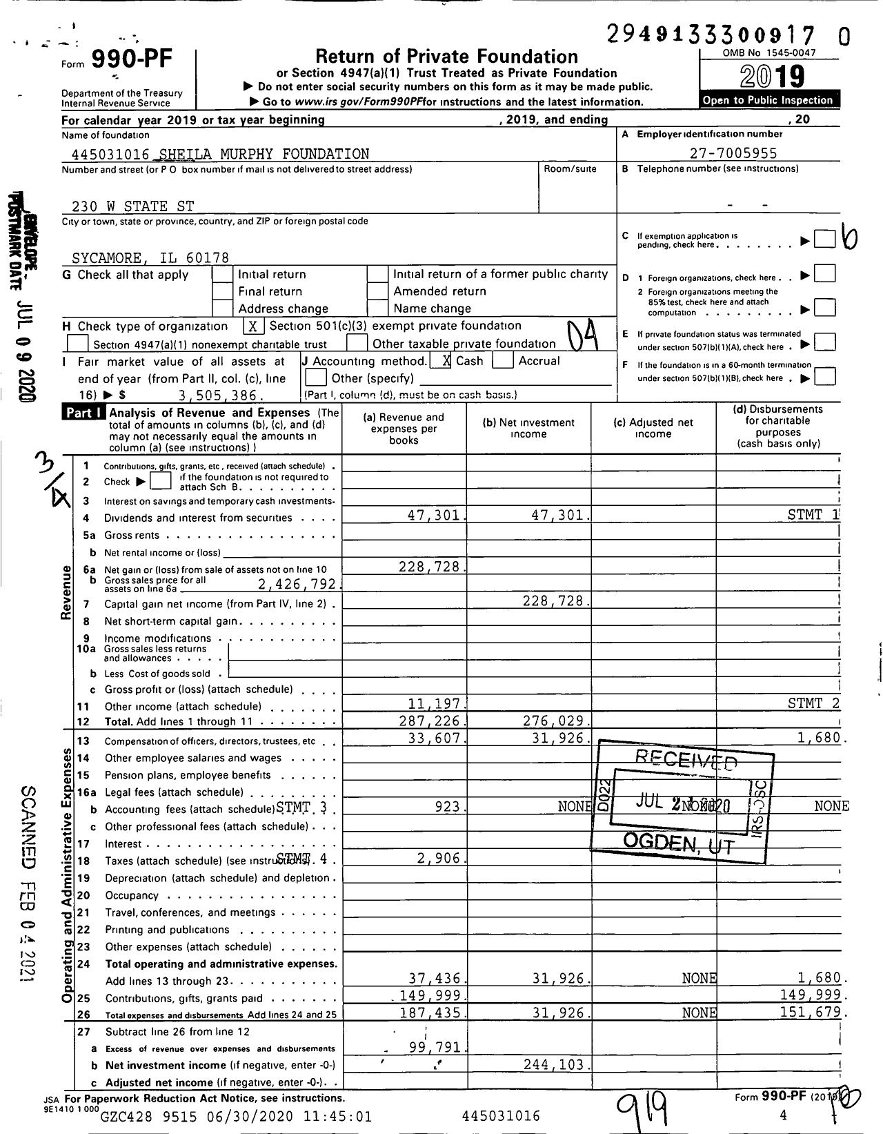 Image of first page of 2019 Form 990PF for Sheila Murphy Foundation XXX-XX-XXXX