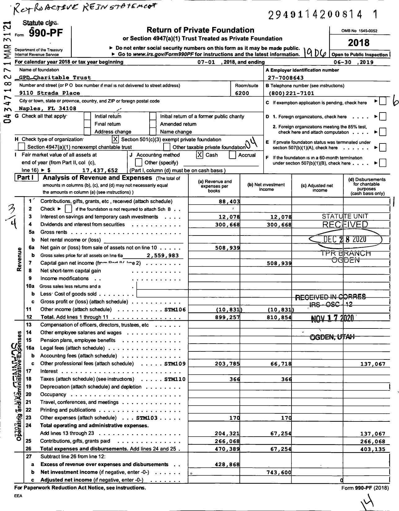 Image of first page of 2018 Form 990PF for GPD Charitable Trust