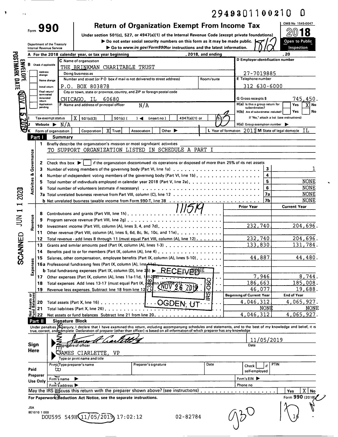 Image of first page of 2018 Form 990 for The Brinkman Charitable Trust