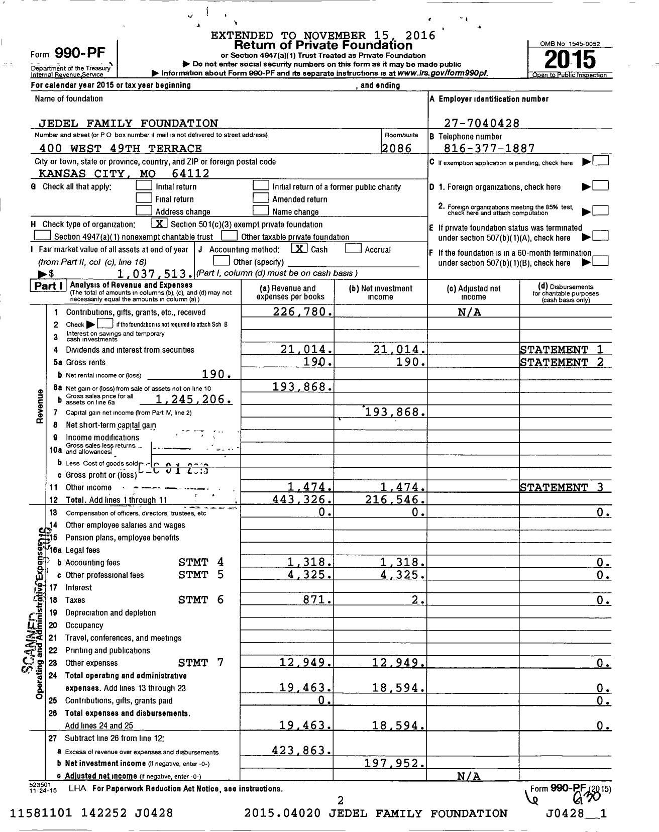 Image of first page of 2015 Form 990PF for Jedel Family Foundation
