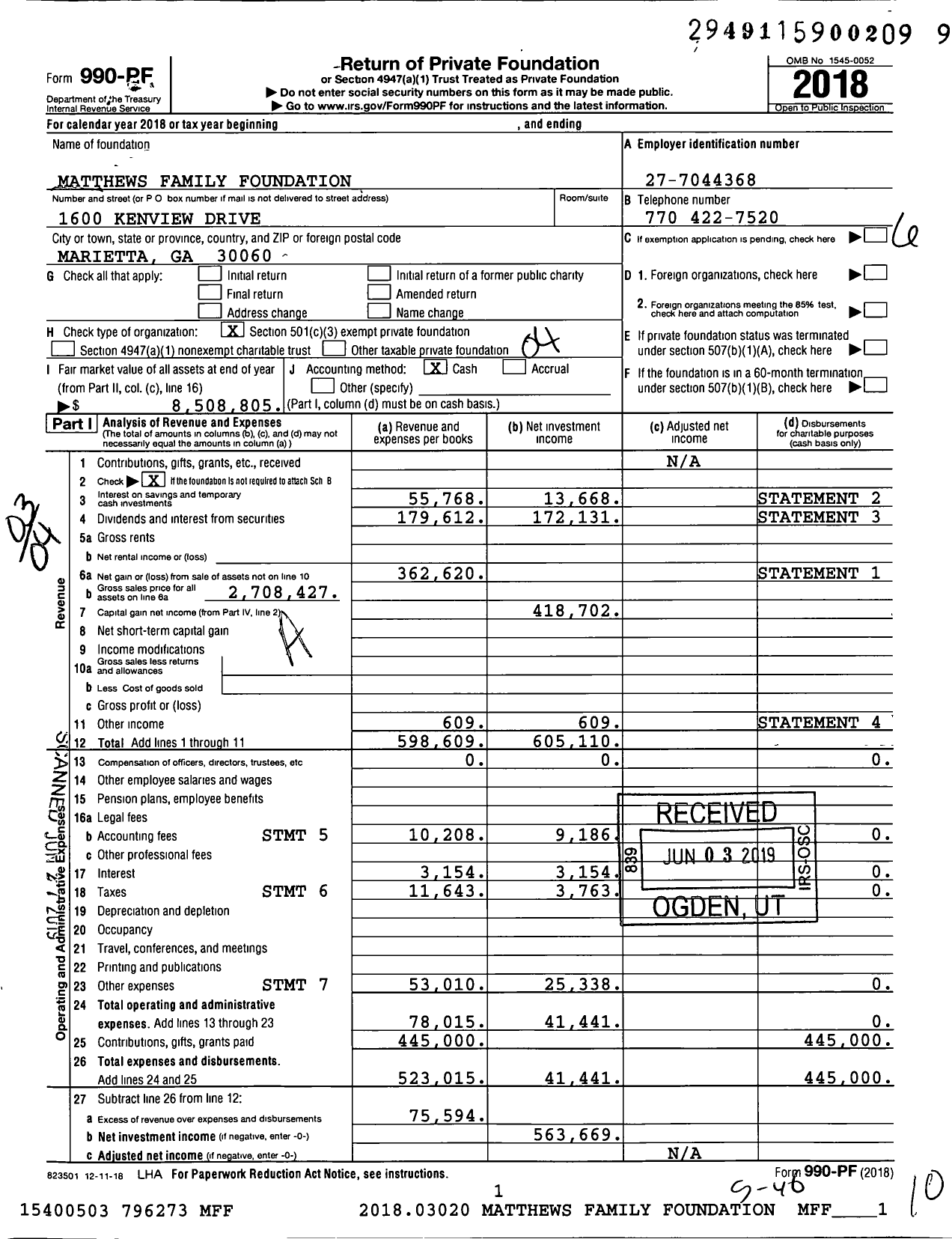 Image of first page of 2018 Form 990PF for Matthews Family Foundation / Robert Matthews Ttee