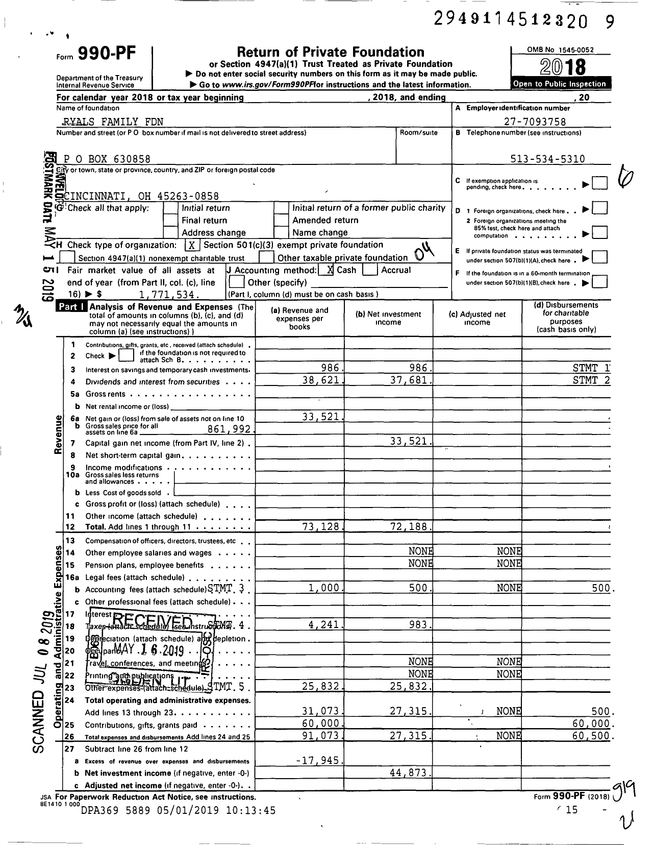 Image of first page of 2018 Form 990PF for Ryals Family Foundation Trust