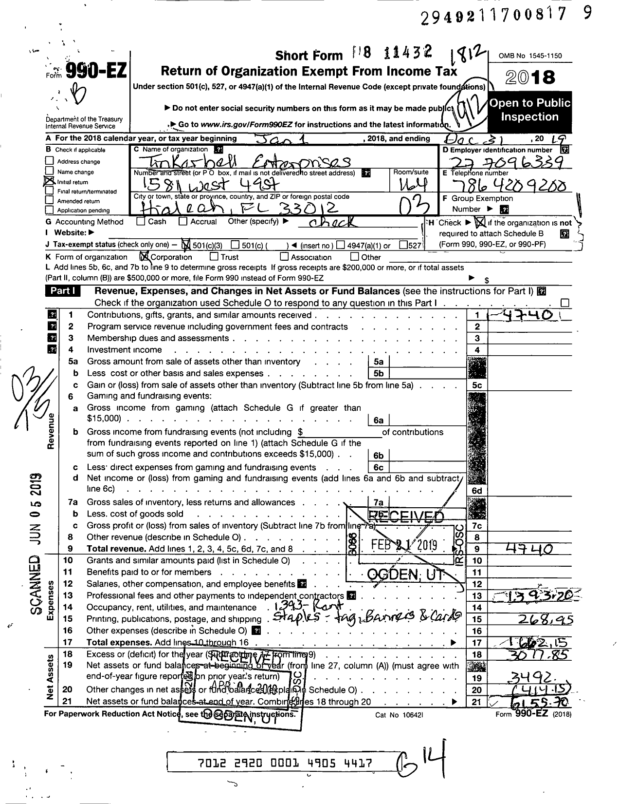 Image of first page of 2019 Form 990EZ for TINKERBELL ENTERPRISES Corp