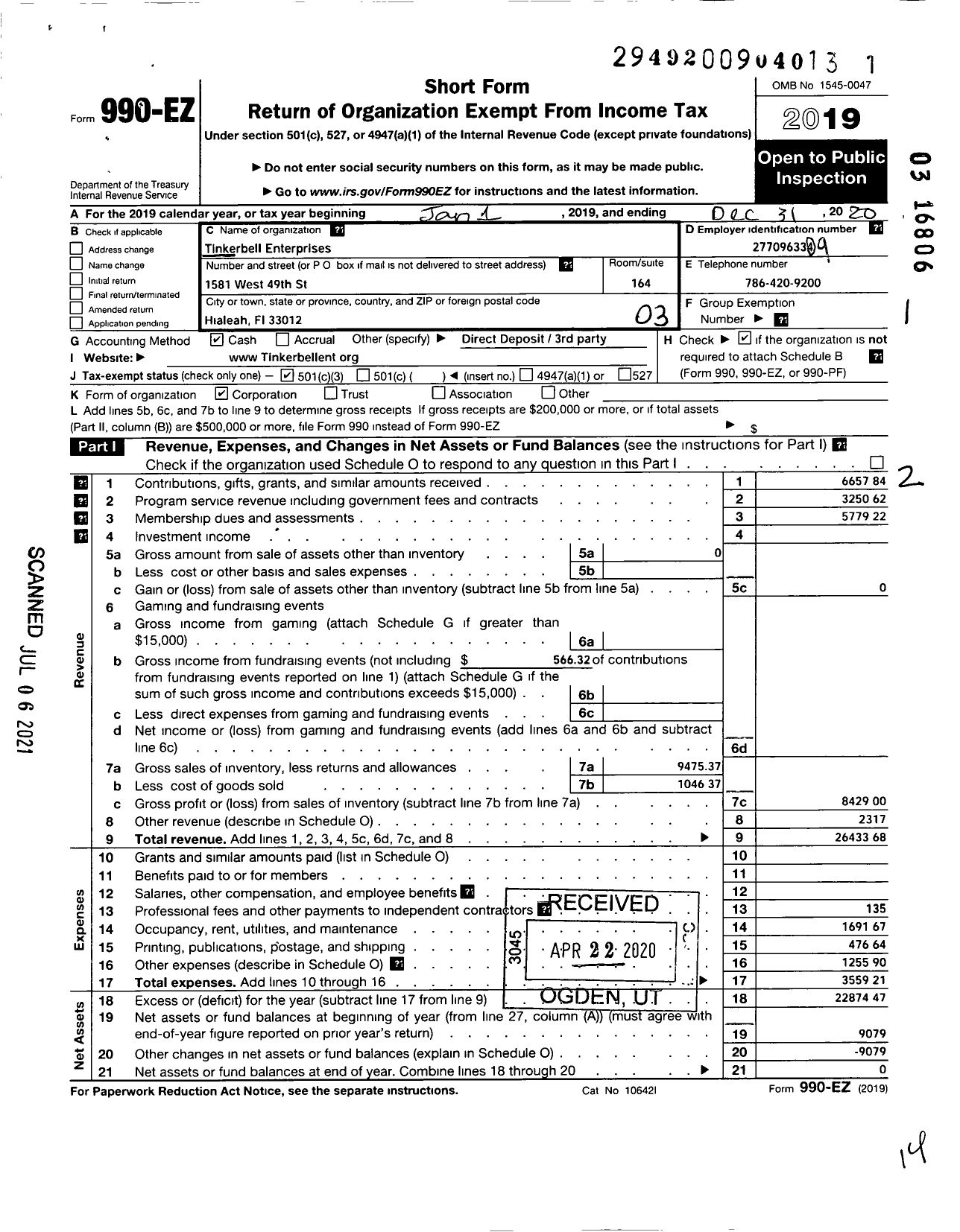 Image of first page of 2020 Form 990EZ for TINKERBELL ENTERPRISES Corp