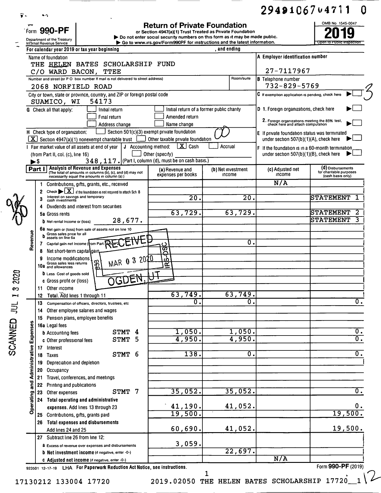 Image of first page of 2019 Form 990PR for The Helen Bates Scholarship Fund