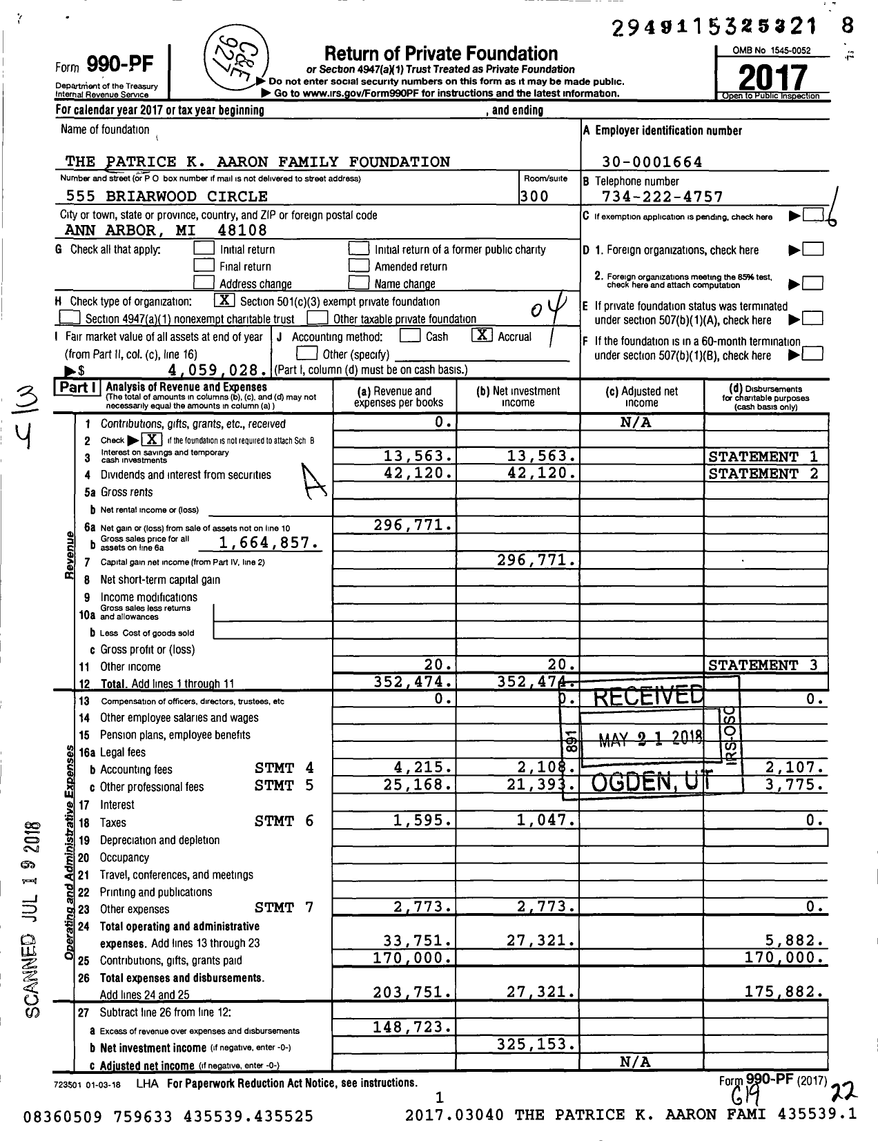 Image of first page of 2017 Form 990PF for The Patrice K Aaron Family Foundation