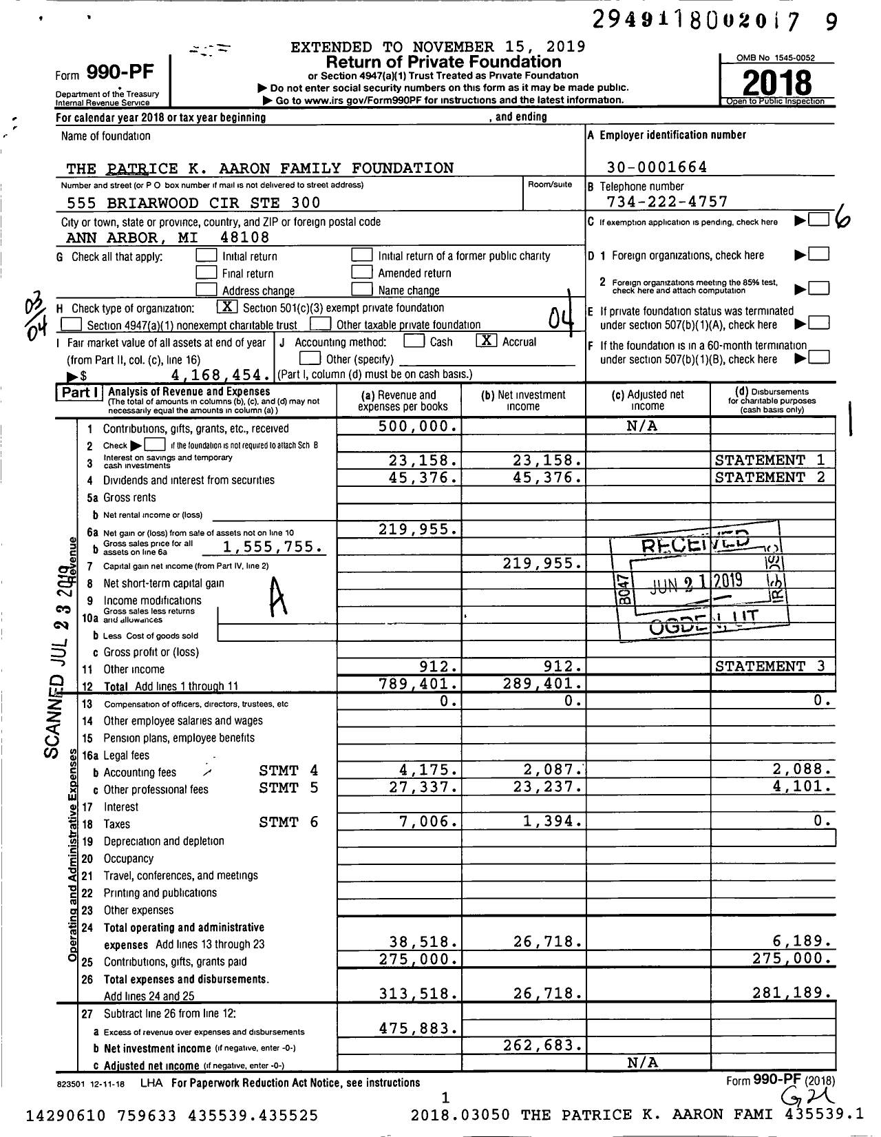 Image of first page of 2018 Form 990PF for The Patrice K Aaron Family Foundation