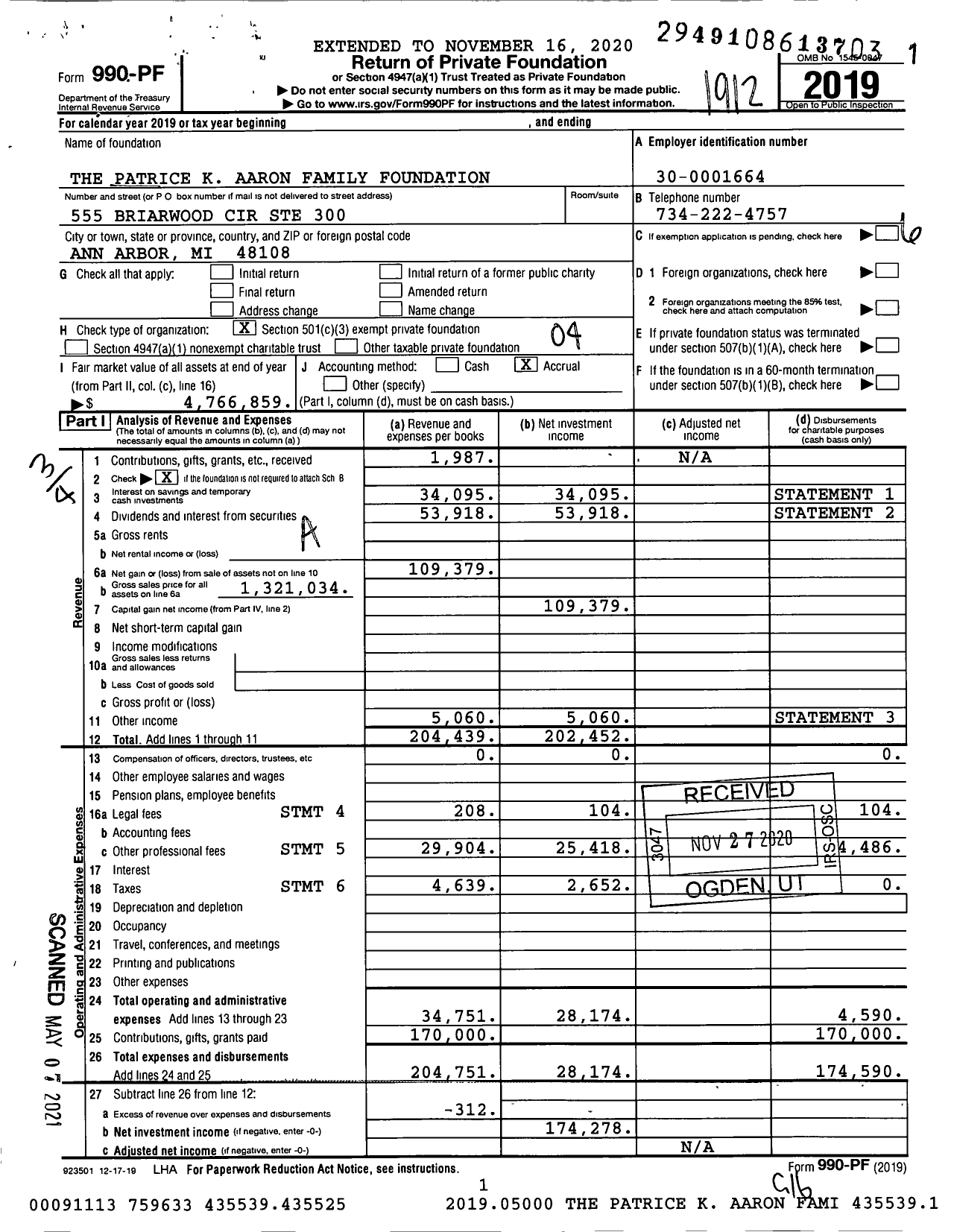 Image of first page of 2019 Form 990PF for The Patrice K Aaron Family Foundation