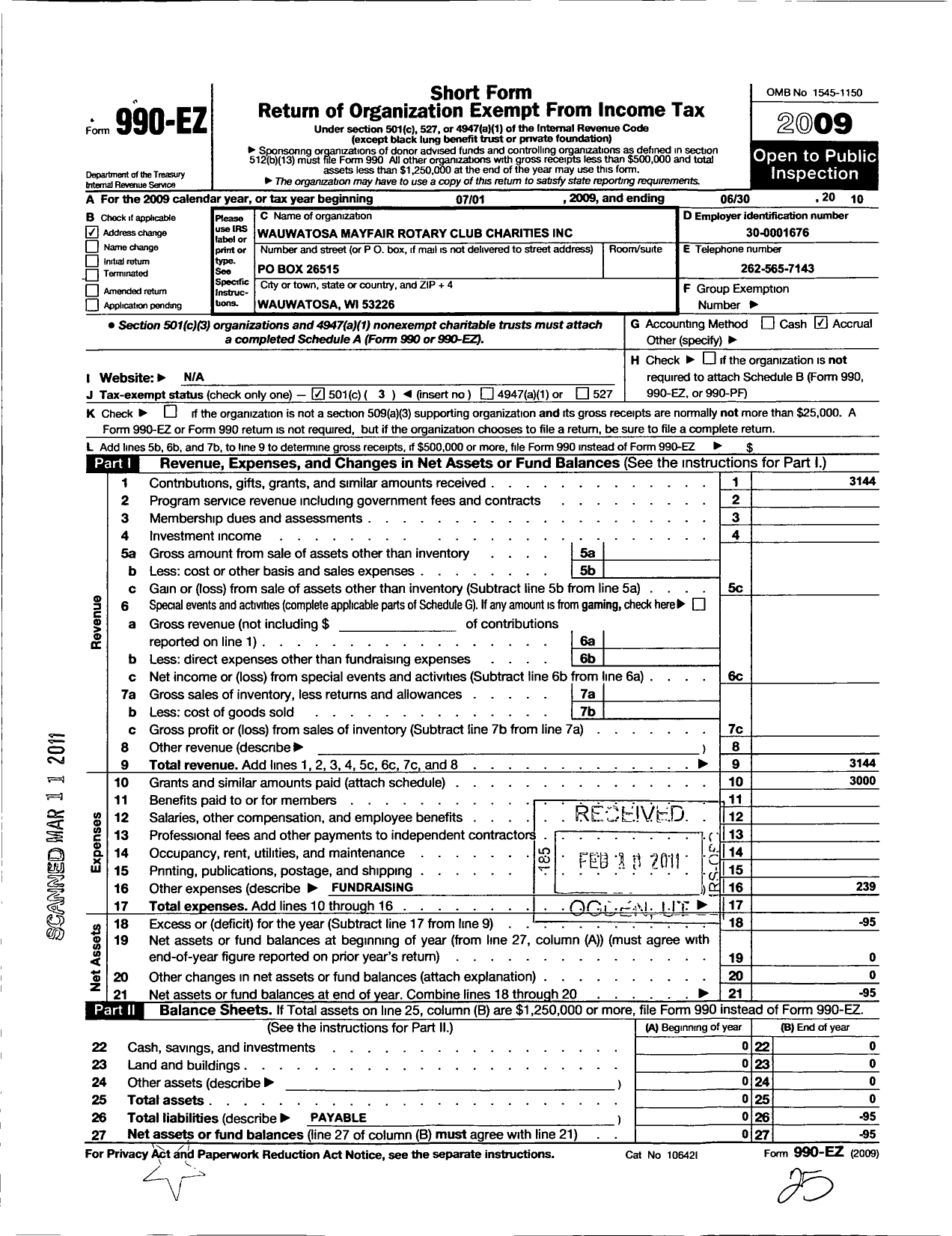 Image of first page of 2009 Form 990EZ for Wauwatosa Mayfair Rotary Club Charities