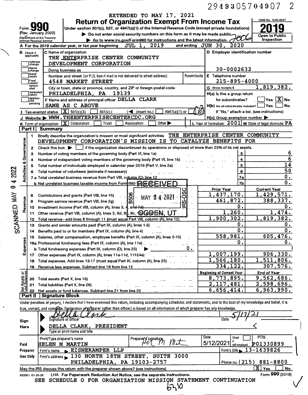 Image of first page of 2019 Form 990 for The Enterprise Center Community Development Corporation (TEC)