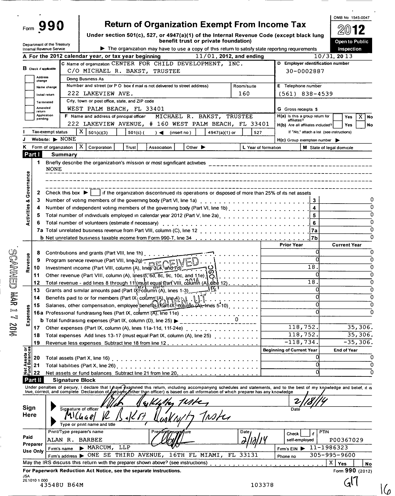 Image of first page of 2012 Form 990 for Center for Child Development