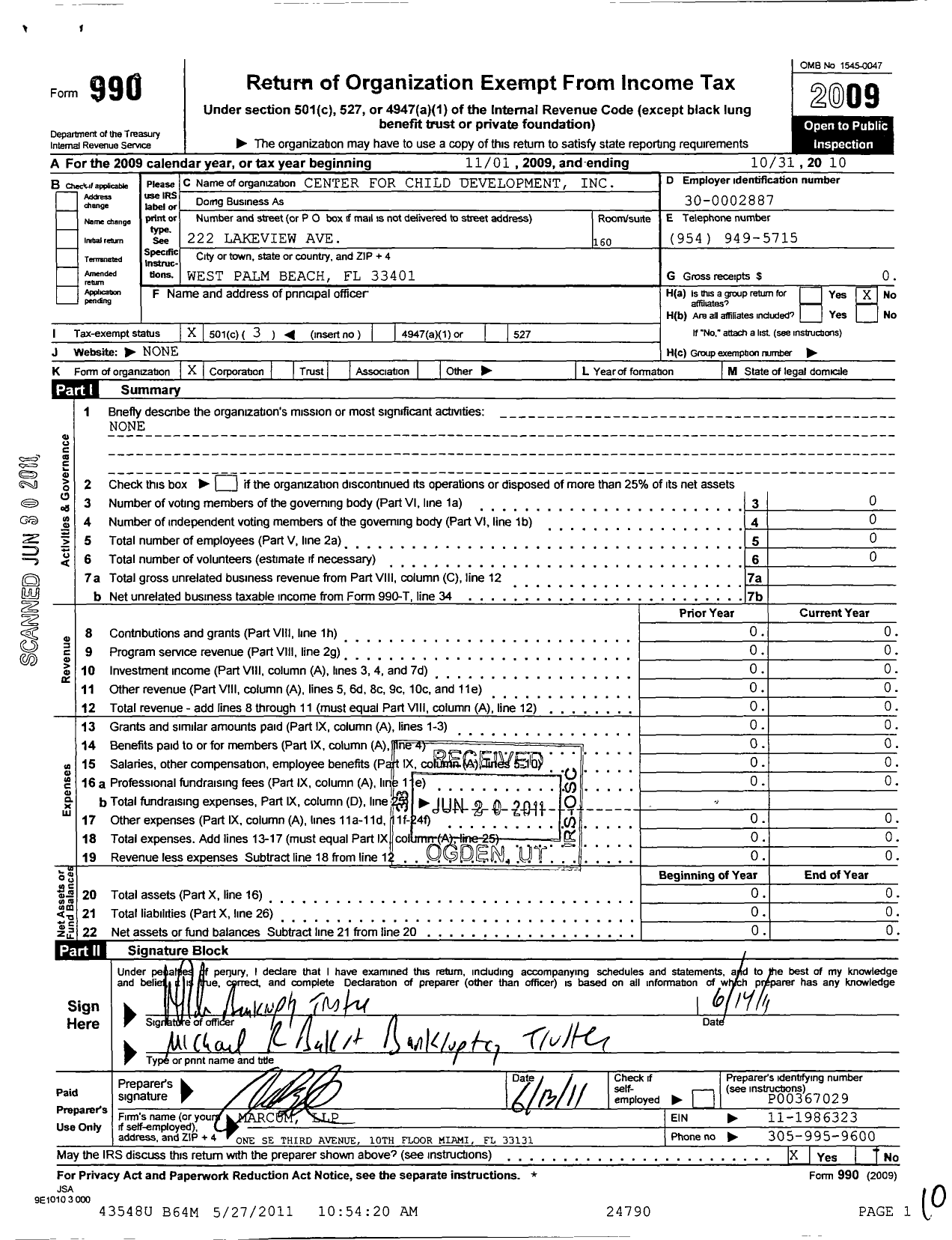 Image of first page of 2009 Form 990 for Center for Child Development