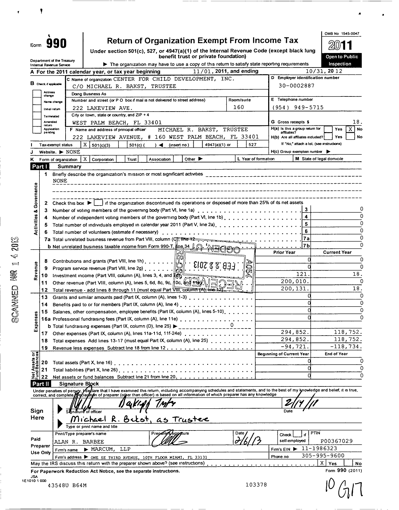 Image of first page of 2011 Form 990 for Center for Child Development