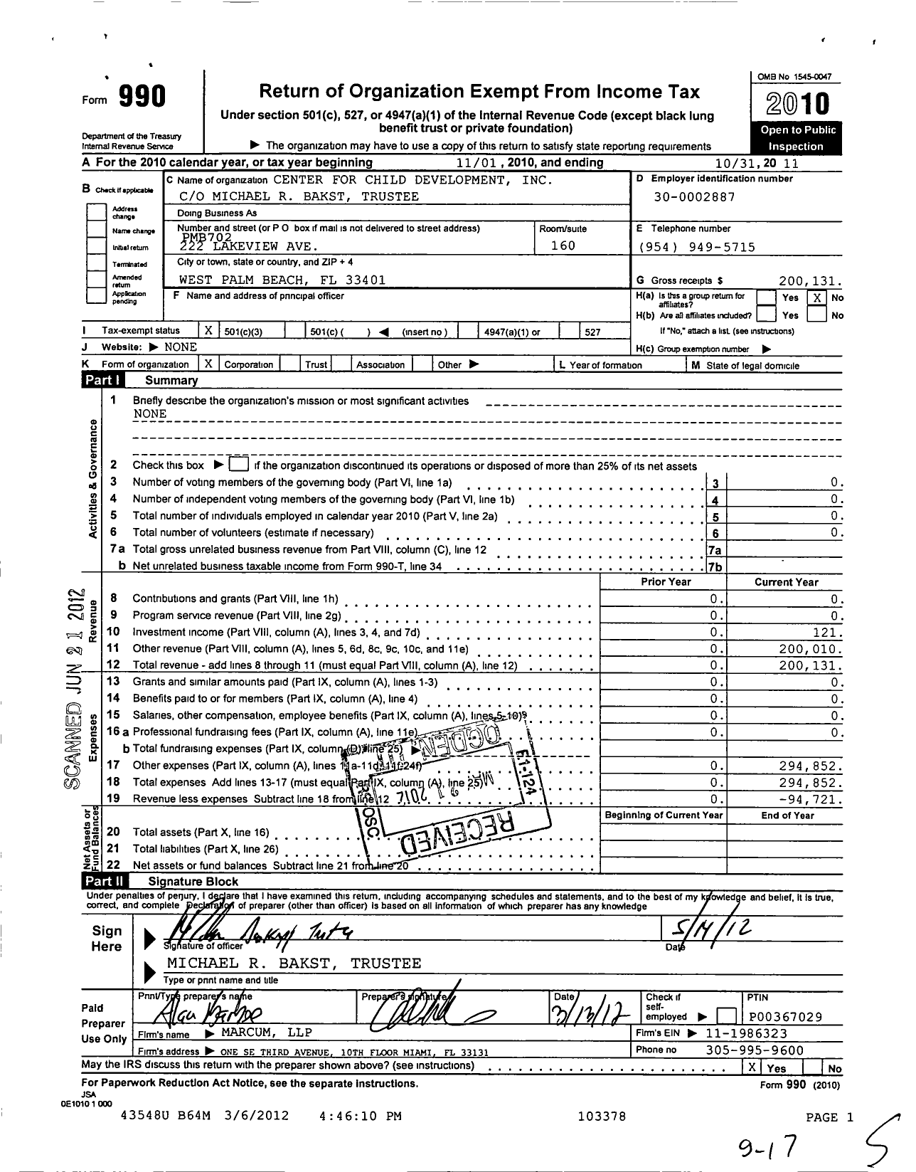 Image of first page of 2010 Form 990 for Center for Child Development