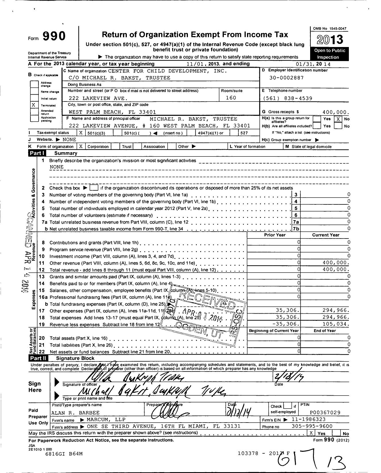 Image of first page of 2013 Form 990 for Center for Child Development