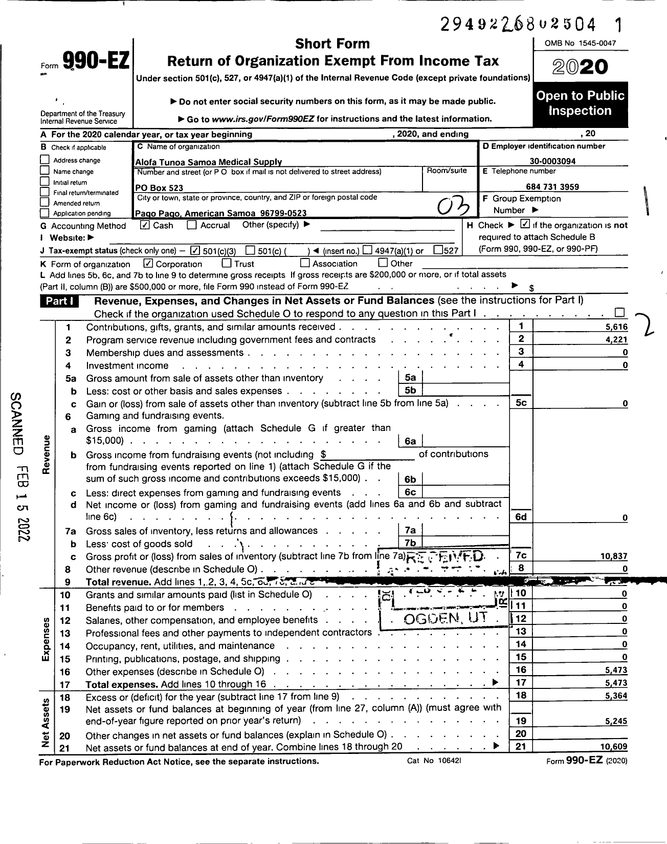 Image of first page of 2020 Form 990EZ for Alofa Tunoa Samoa Medical Supply