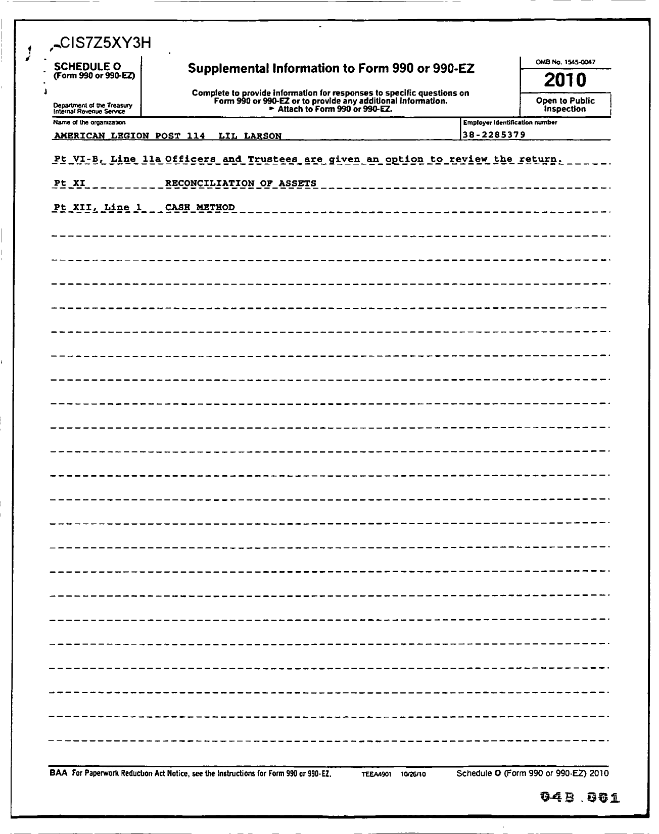 Image of first page of 2010 Form 990OR for American Legion Auxiliary - 114 Lillian Larson Unit