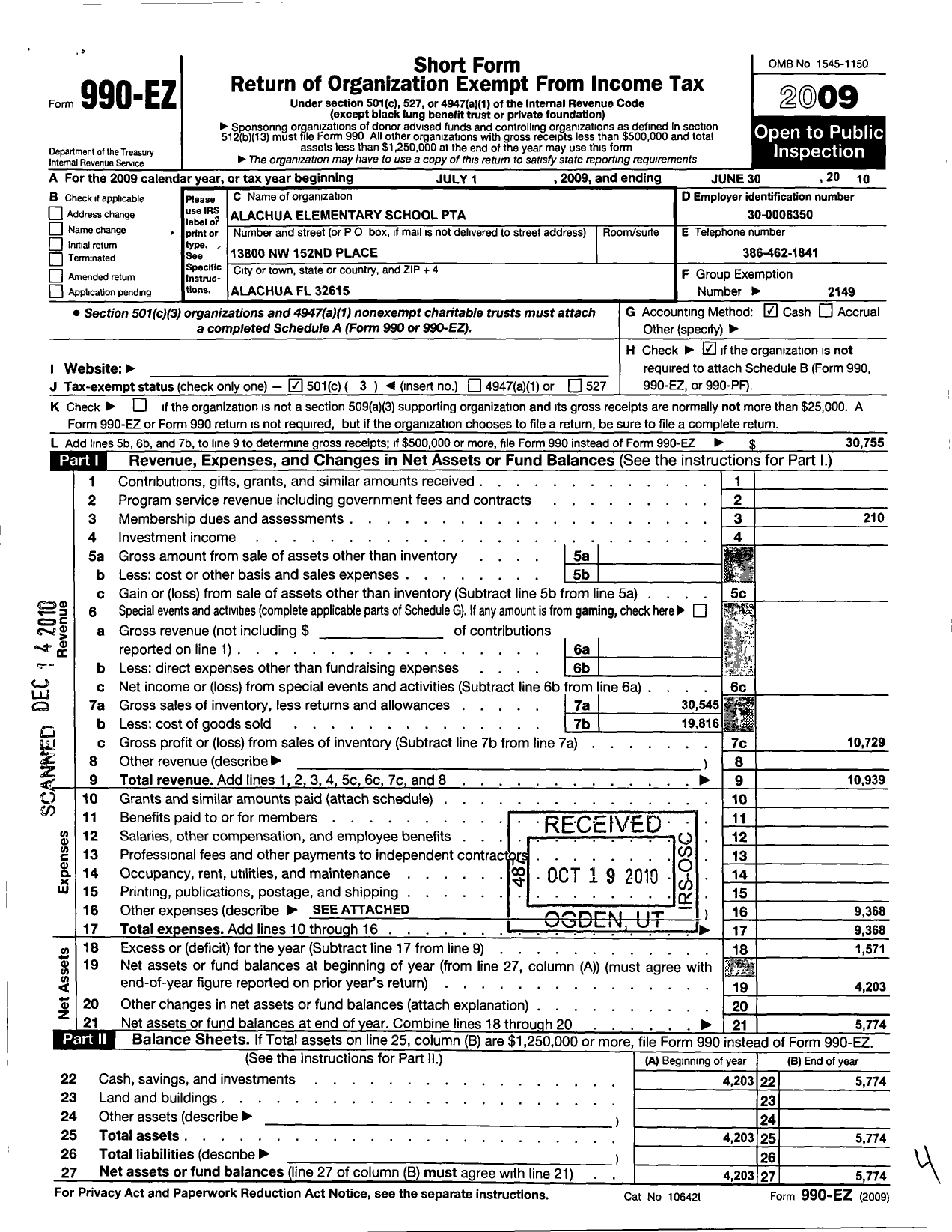 Image of first page of 2009 Form 990EZ for PTA Florida Congress - Alachua Elementary School