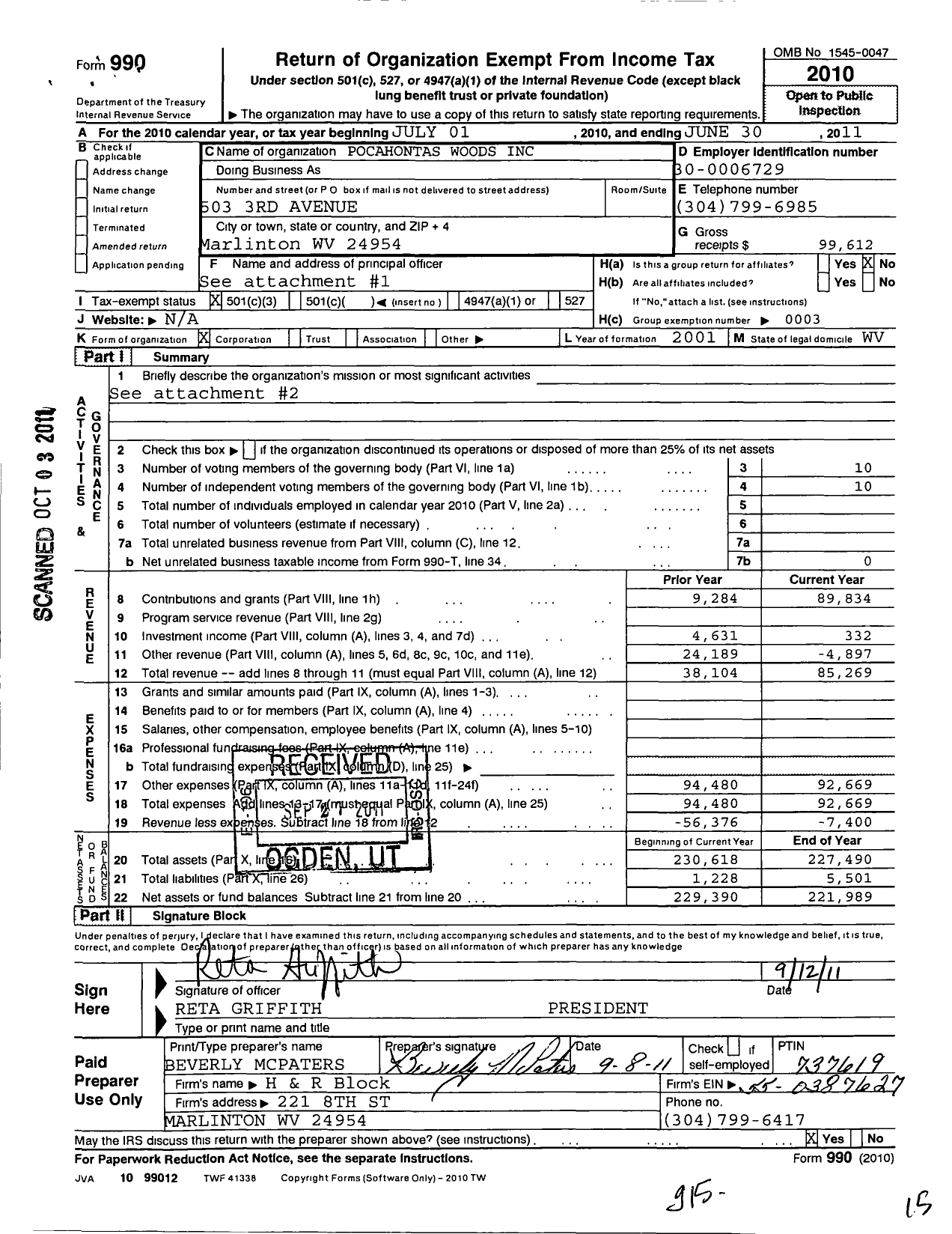 Image of first page of 2010 Form 990 for Pocahontas Woods